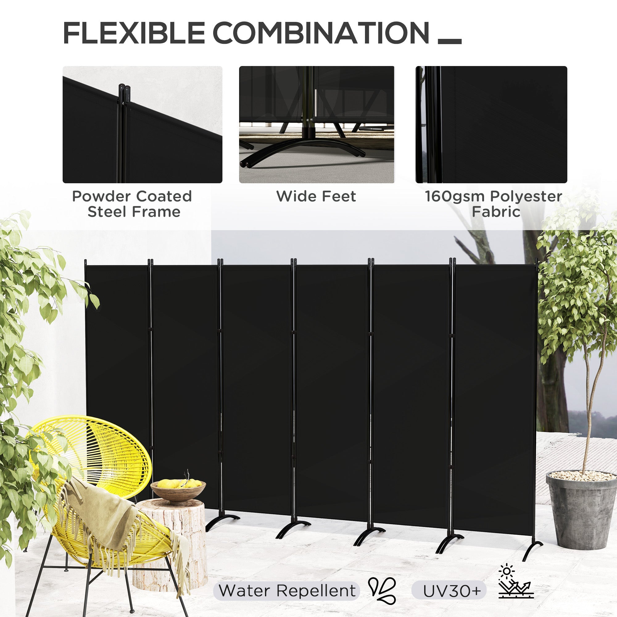 Outsunny 6 Panel Folding Room Divider, UV30+ Privacy Screen, Indoor Outdoor Privacy Panel with Stable Base, Black