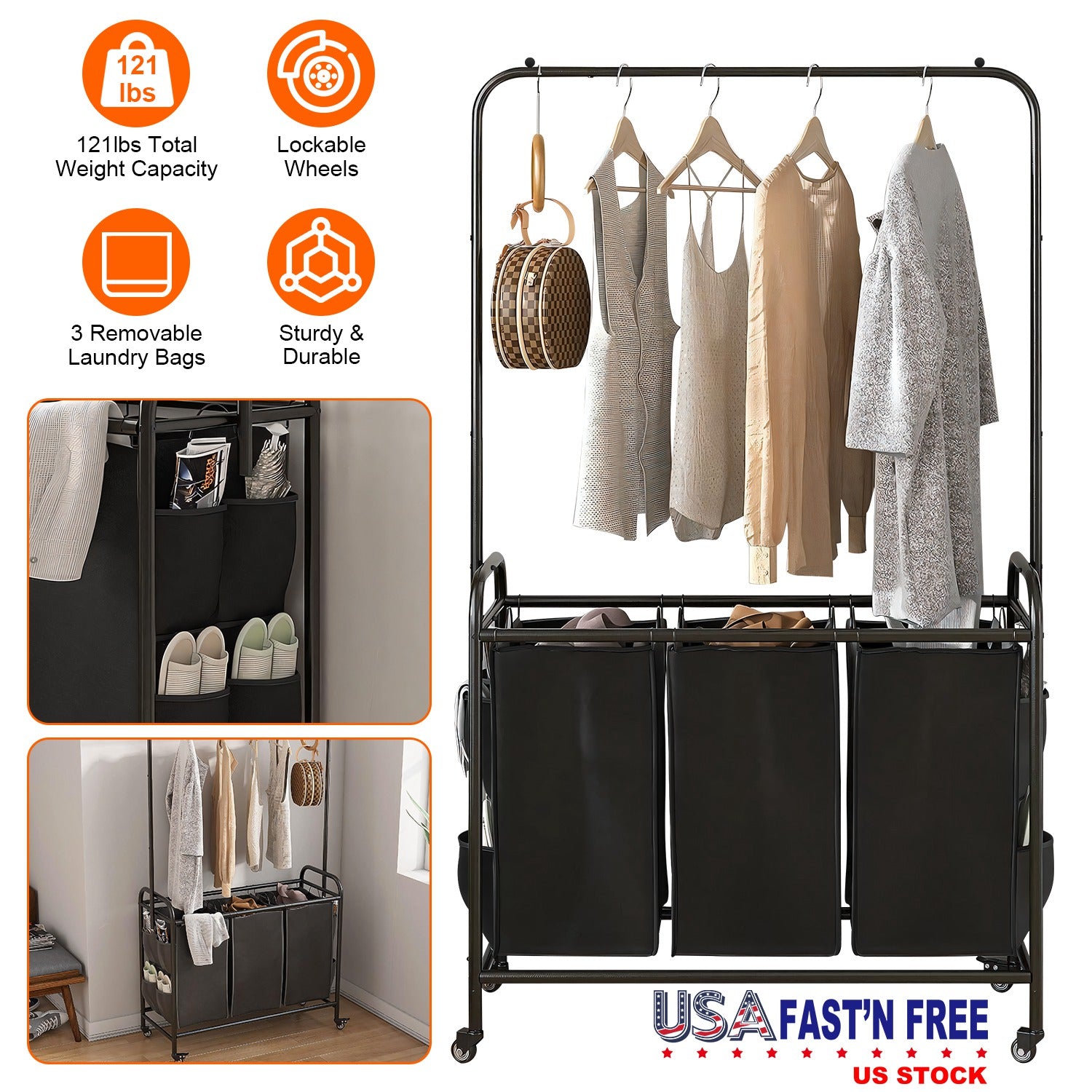 3 Bags Laundry Sorter with Garment Hanging Bar Laundry Hamper Rolling Cart Laundry Basket Organizer with Lockable Wheels 3 Removable Bags