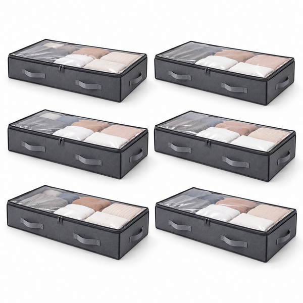 6-Pack Under Bed Storage Containers with Clear Lids, 90L Foldable Clothes & Shoe Organizer Bins