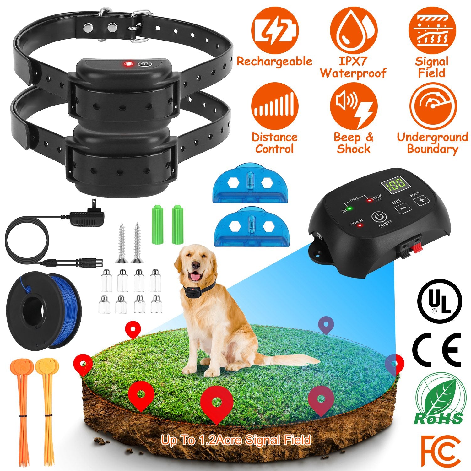 Dog Fence System Pet Containment System with 100 Adjustable Levels 2 Receivers IPX7 Waterproof Rechargeable Underground Fence for Small Medium Large D