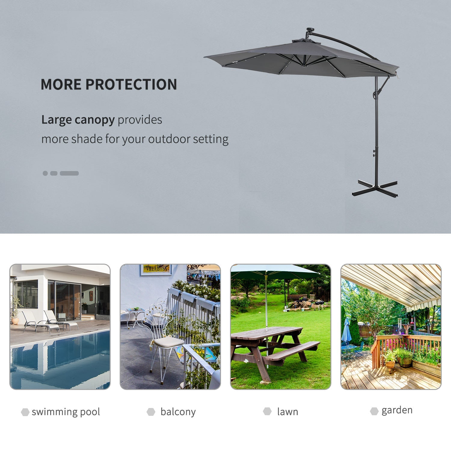 Outsunny 10ft Outdoor Cantilever Umbrella with Solar Lights Banana Adjustable Angle for Patio Backyard Dark Gray