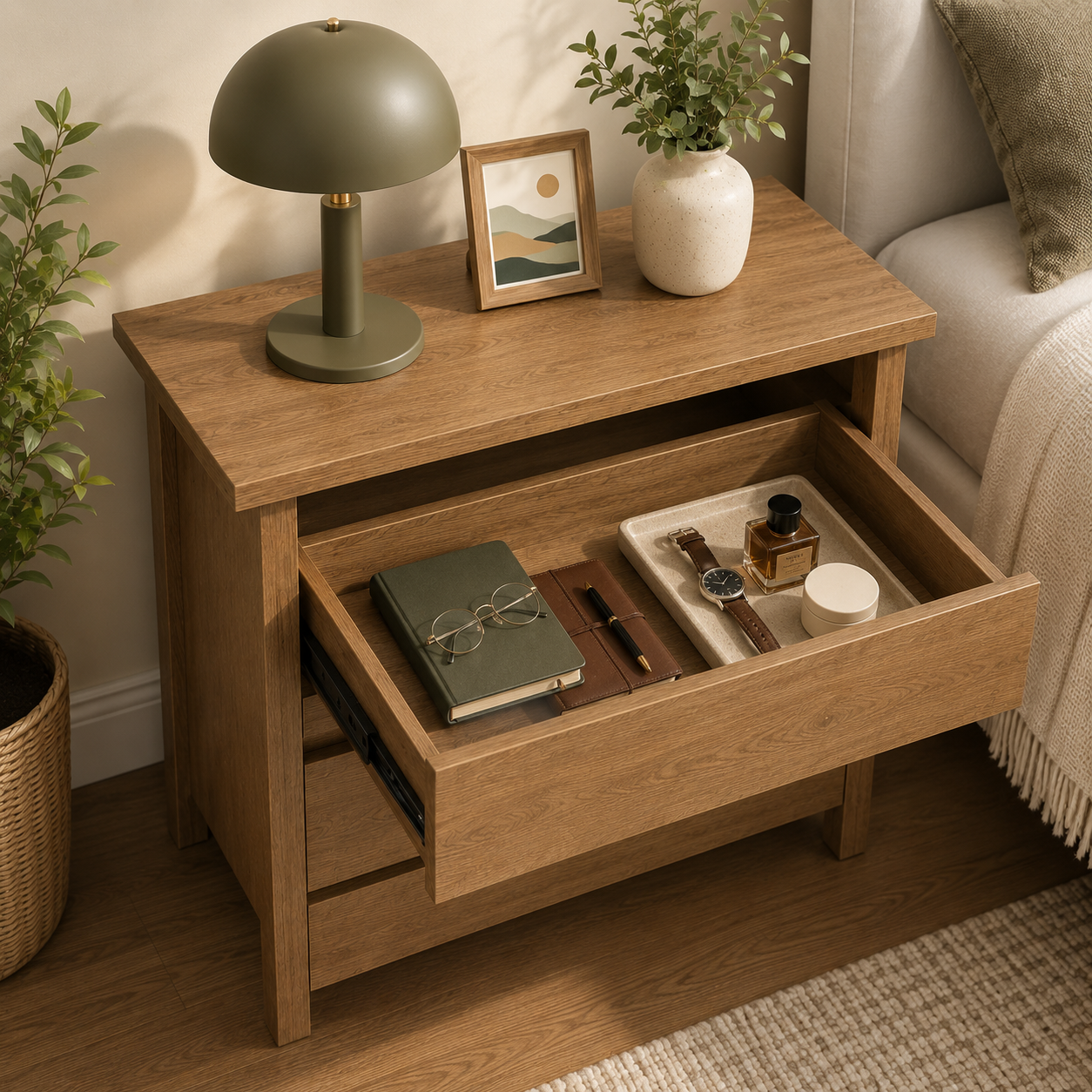Rustic Farmhouse Bedside Table with 3 Drawers – Brown Wood Finish