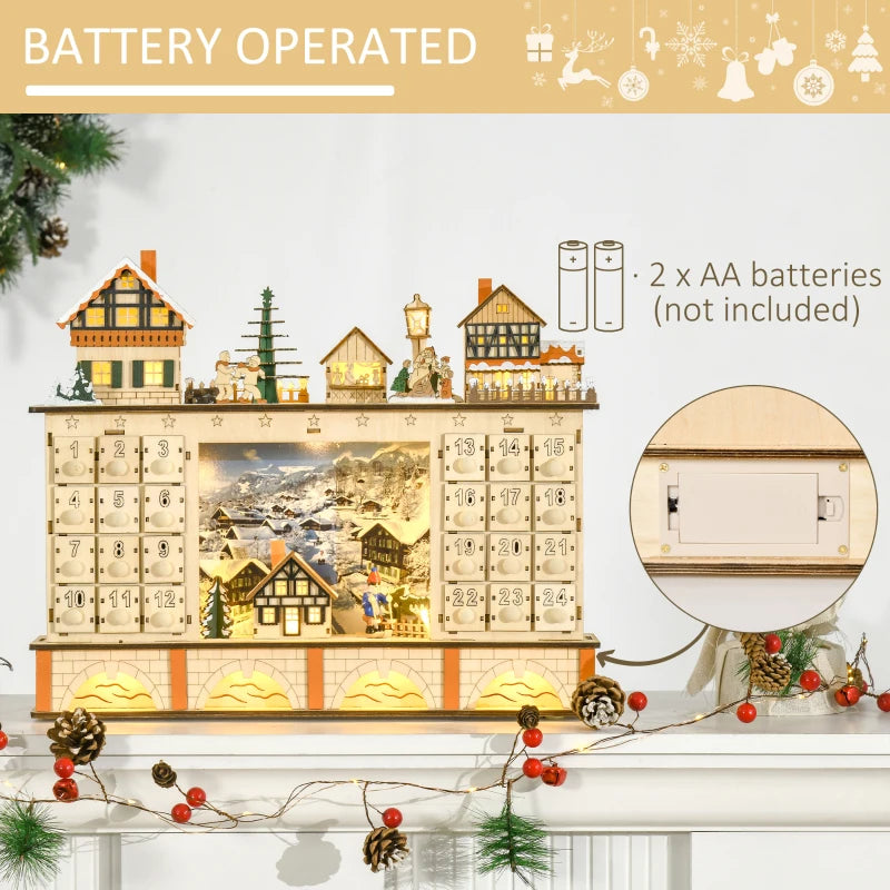 Christmas Advent Calendar, Light Up Table Xmas Wooden Store Holiday Decoration with Countdown Drawer, Village, for Kids and Adults, Natural