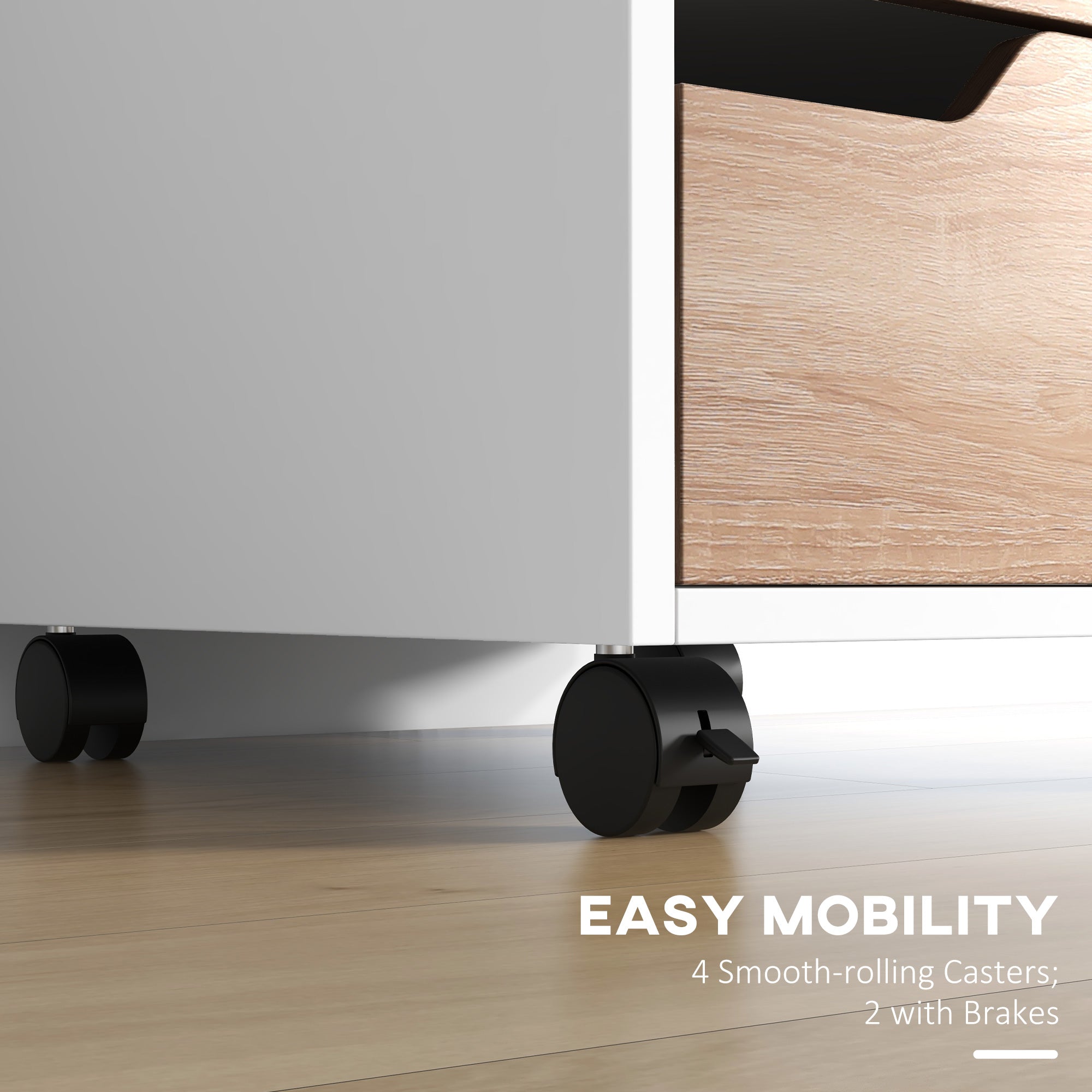 HOMCOM Mobile File Cabinet 3 Drawers Vertical Filing Organizer Wheels Office Storage Oak Furniture