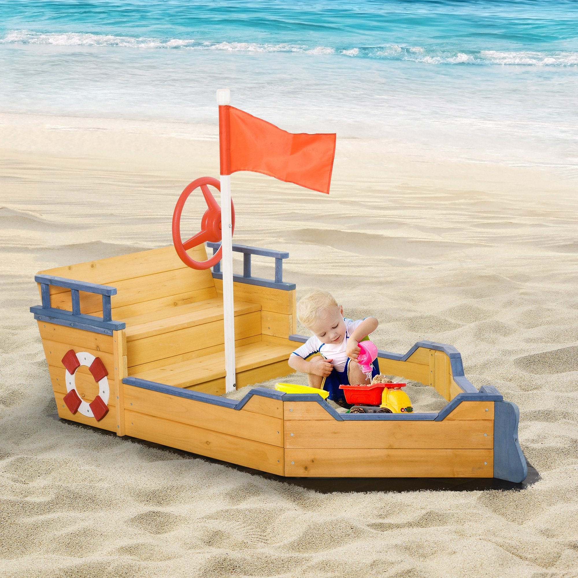 Outsunny Pirate Ship Sandbox Wooden Outdoor Playset for Kids Backyard Play Station Bench Seat Storage Flag