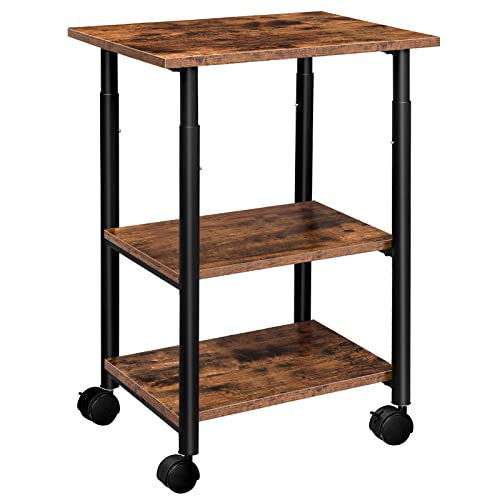 HOOBRO 3-Tier Adjustable Printer Stand with Wheels, Mobile Printer Cart and Office Storage Shelf, Rustic Brown & Black
