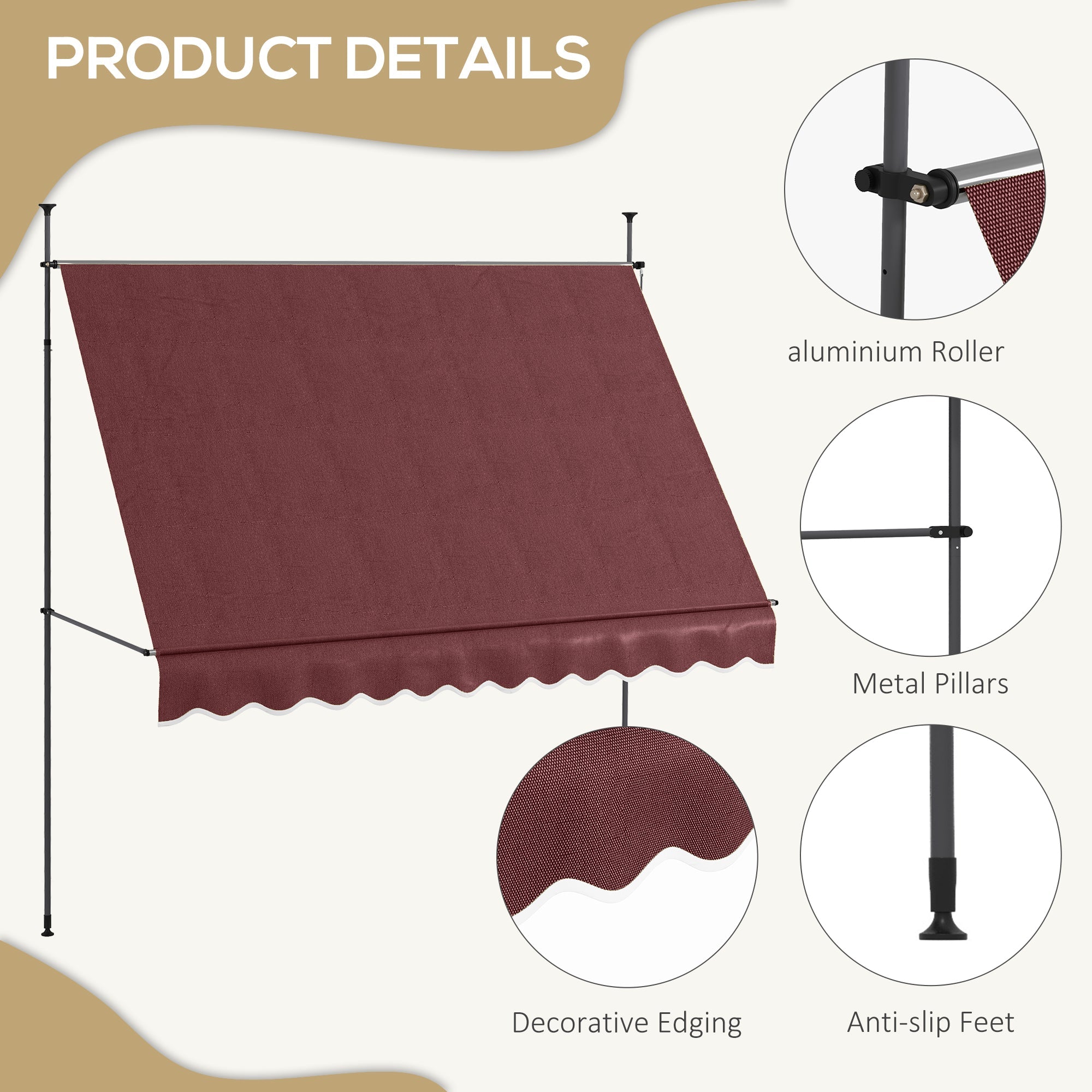 Outsunny Shade Perfection: Freestanding 10'x4' Manual Retractable Patio Awning, Non-Screw UV Protection Window Door Sunshade, Wine Red