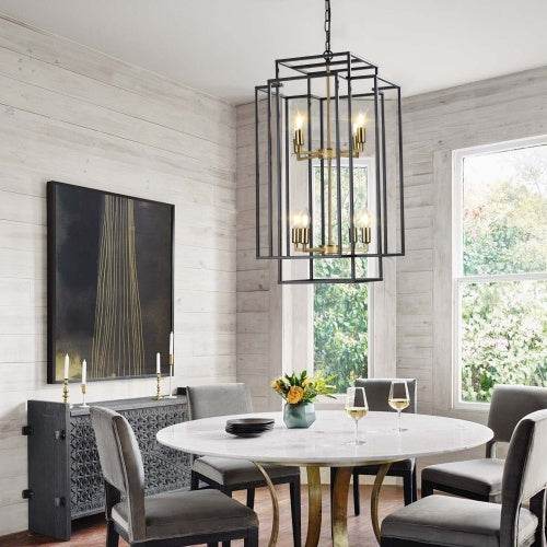 8 Lights Black & Gold Lantern Tiered Chandelier, Industrial Farmhouse Chandelier - No Bulbs