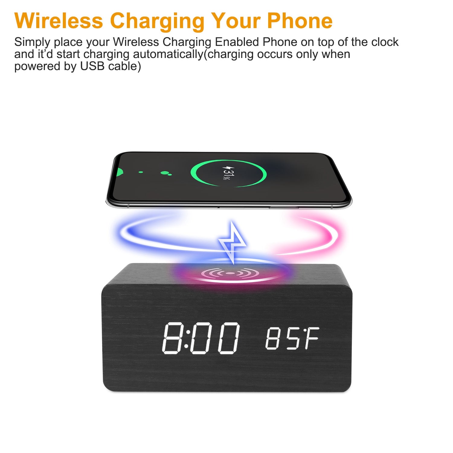 Digital Alarm Clock Qi-Wireless Charger Time Temperature Calendar Display Clock w/ Voice Control Brightness Adjustment (Bamboo Color)