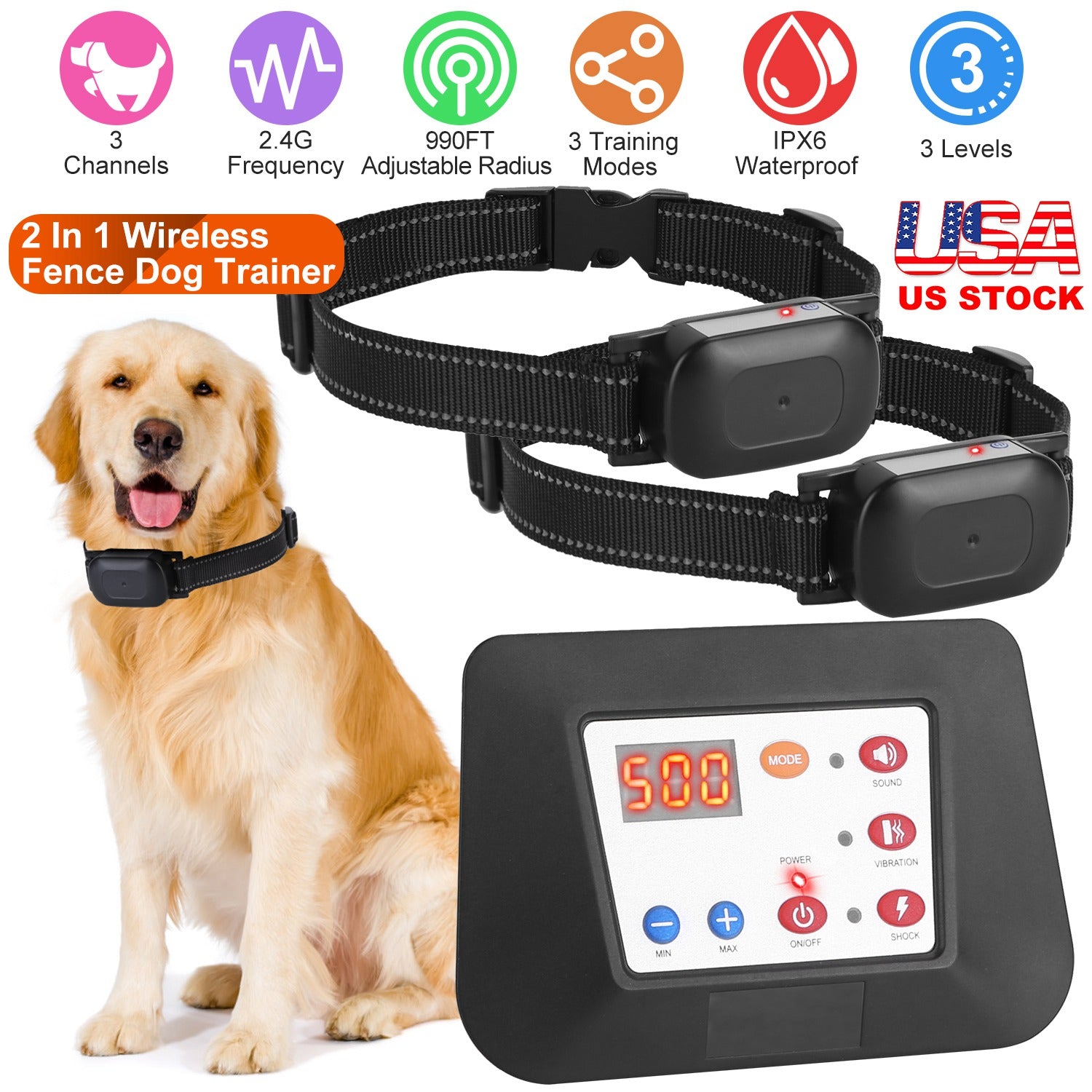 990FT Radius Dog Training Collar Wireless Fence IPX6 Waterproof Pet Beep Vibration Electric Shock Fence System 3 Channels Rechargeable Transmitter Rec