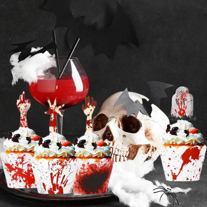 48Pcs Halloween Cupcake Toppers Wrappers Rip Kit Bloody Zombie Hand Cupcake Pick Decorations For Halloween Horror Movie Bloody Theme Birthday Party Cake Decorations Supplies