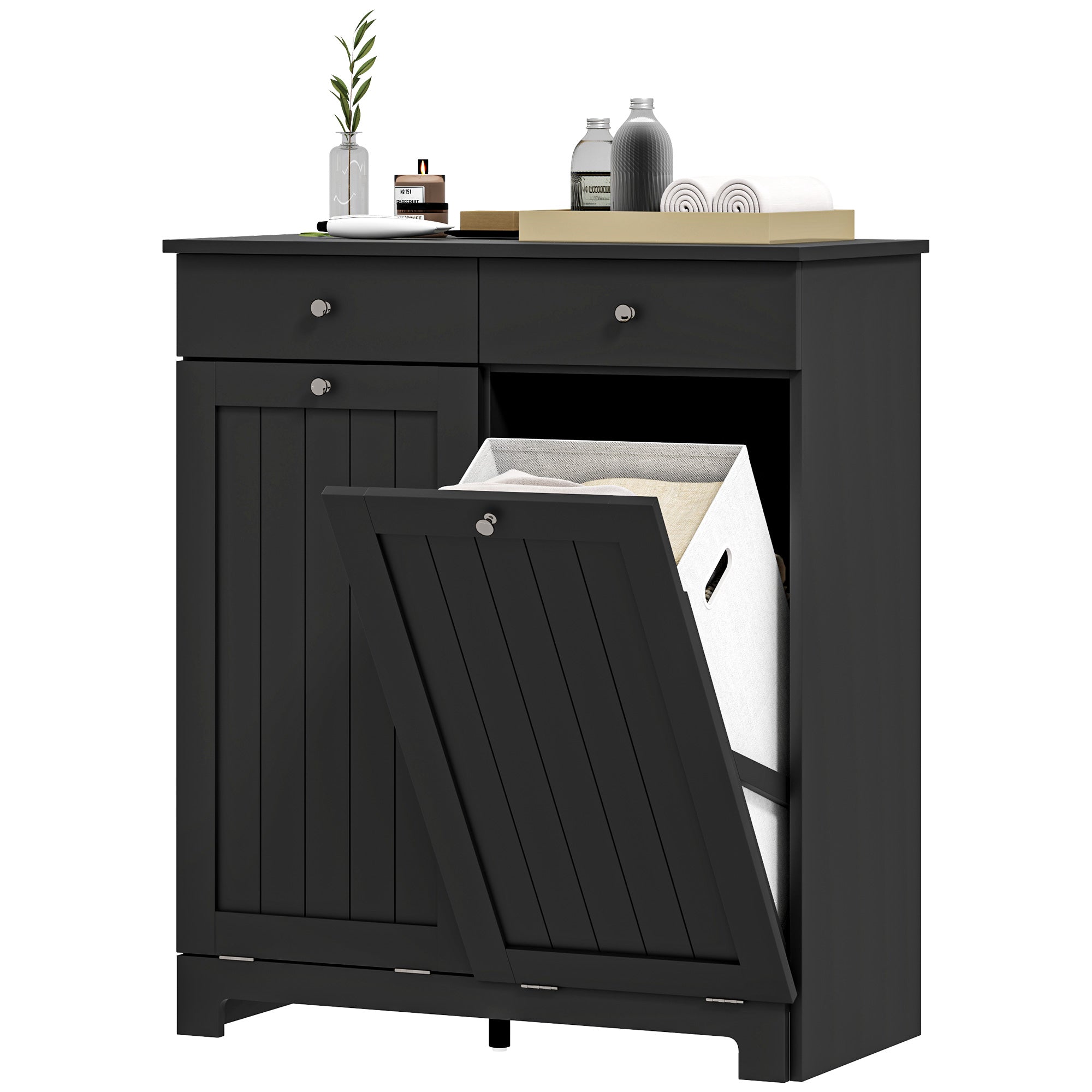 HOMCOM Laundry Cabinet, Tilt Out Laundry Hamper Cabinet with 2 Baskets, Bathroom Hamper Cabinet with 2 Drawers, Black