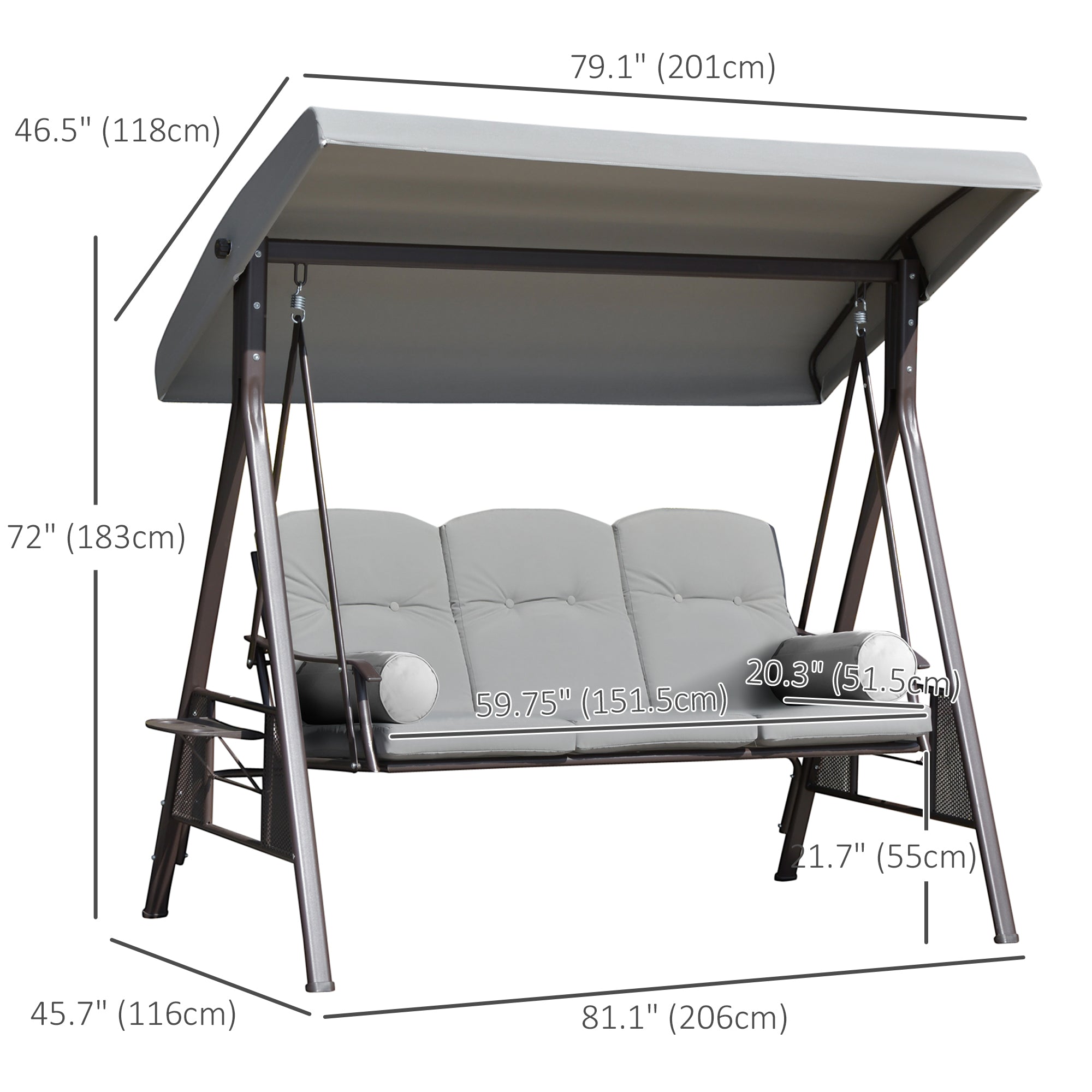 Outsunny Outdoor Patio 3-Person Steel Canopy Cushioned Seat Bench Swing with Included Side Trays & Padded Comfort, Light Grey