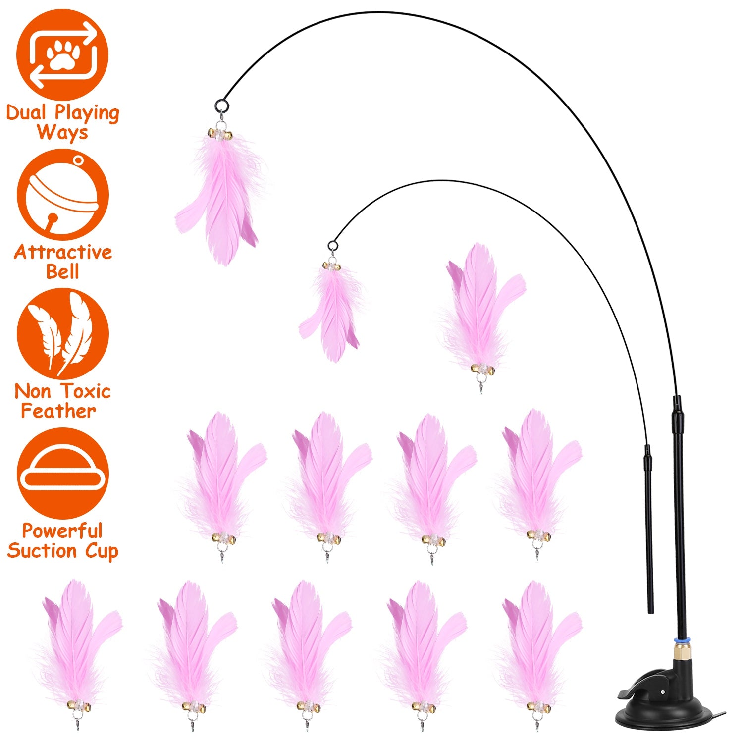 Cat Feather Toys Wand Rod Interactive Cat Spring Bell Play Toys with 12Pcs Feather Replacements Suction Cup Base for Cats Kitten