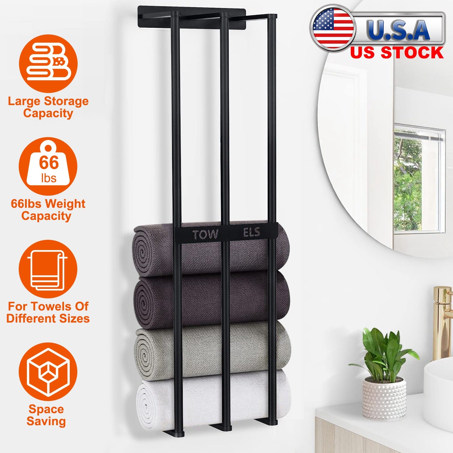 Wall Mounted Towel Rack for Rolled Towels Bathroom Towel Holder Organizer Storage Shelf for Bath Towels Hand Towels