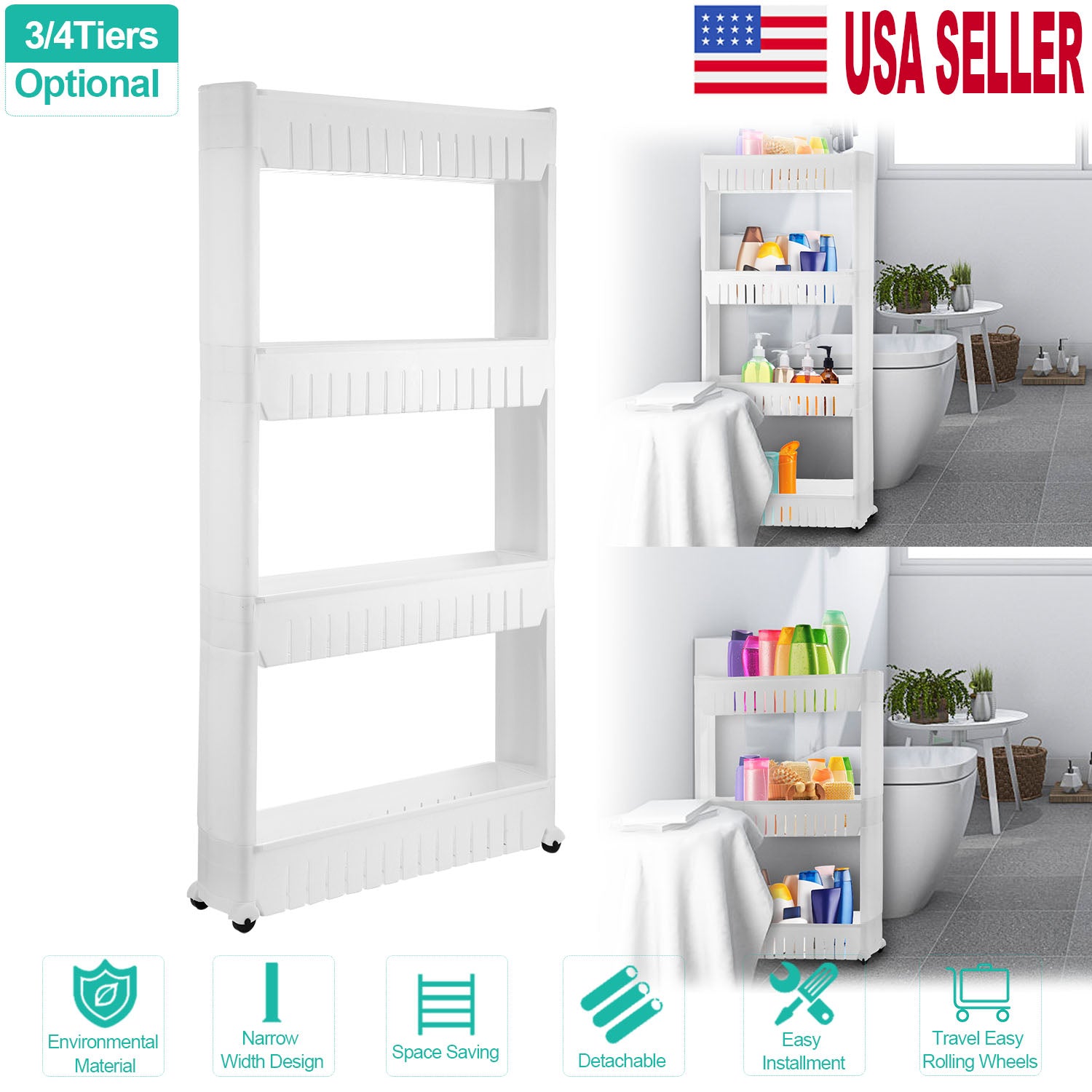 iMounTEK 4 Tiers Slim Storage Cart Mobile Rolling Shelf Unit Narrow Space Shelf for Kitchen Bathroom Pantry Laundry Garage Office
