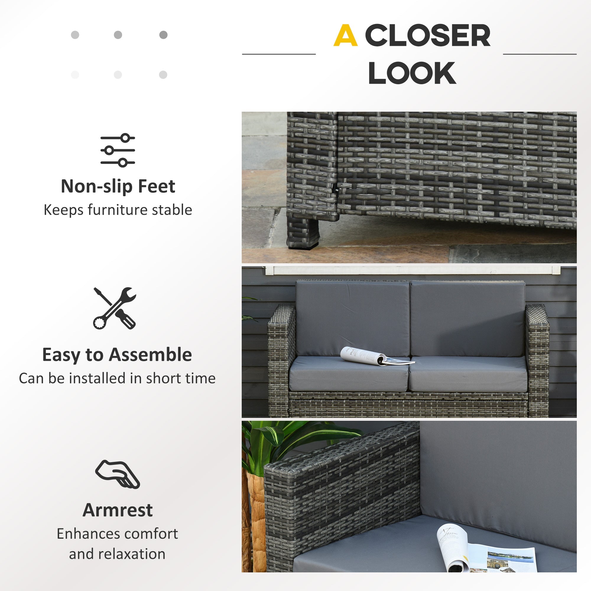 Outsunny Patio PE Rattan 2-seater Sofa, Outdoor All Weather Resin Wicker Loveseat with Padded Cushions, Grey