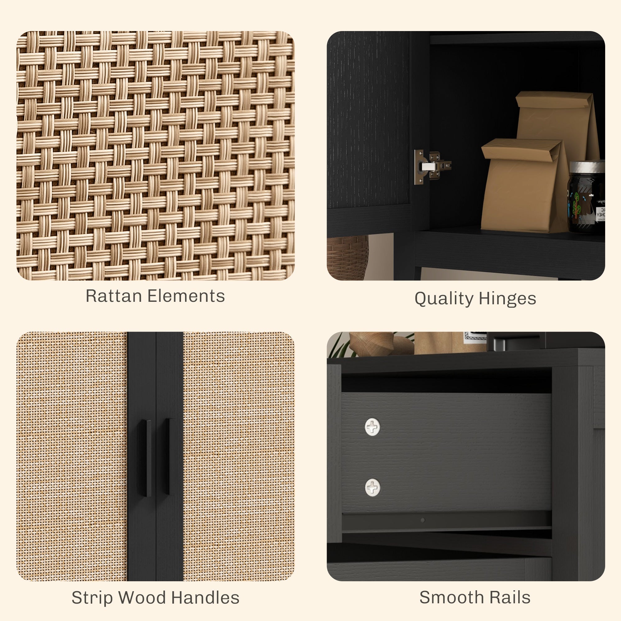 HOMCOM Kitchen Buffet Cabinet Boho Storage Cabinet 2 Rattan Decorated Doors Drawer Dining Room Black