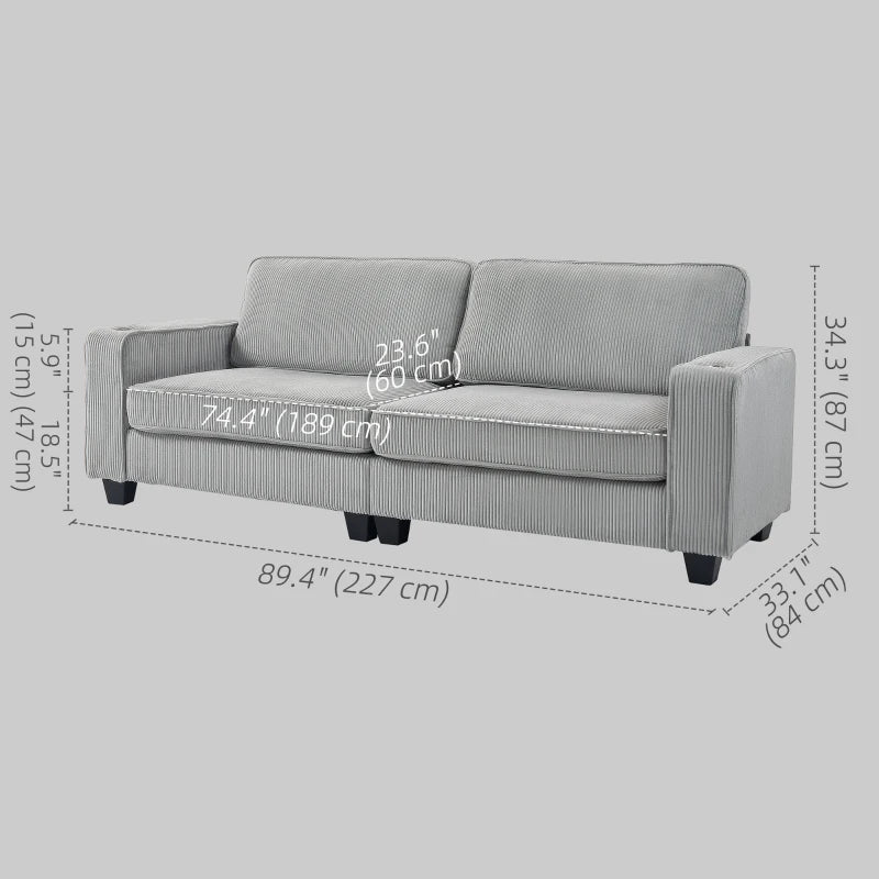 Three Seater Sofa, Fabric 3 Seater Couch with Spring Cushion and Cup Holders for Living Room, Bedroom, Light Grey