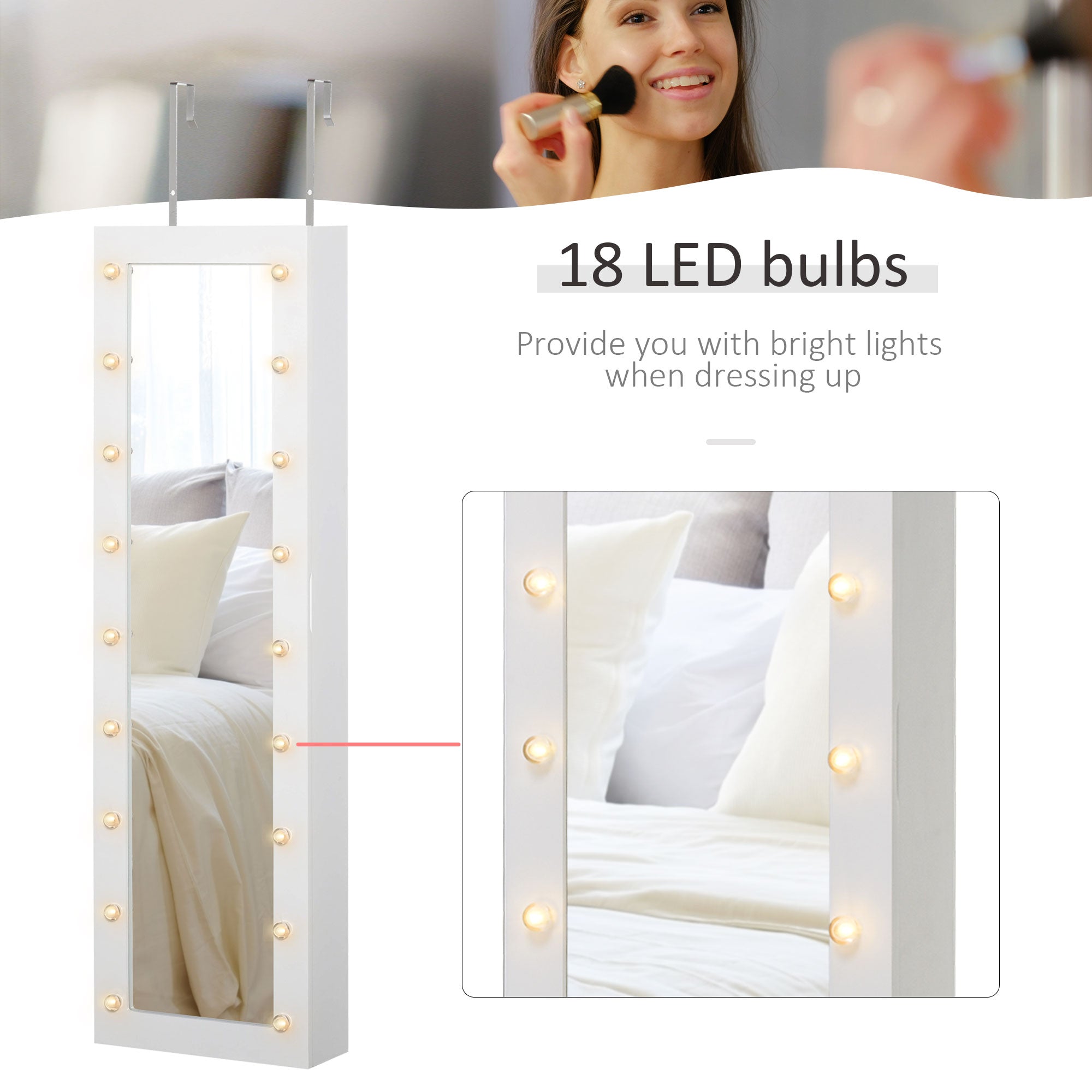 HOMCOM Wall-Mount Jewelry Cabinet: With 18 LED Lights, Mirror, 3 Adjustable Heights, White