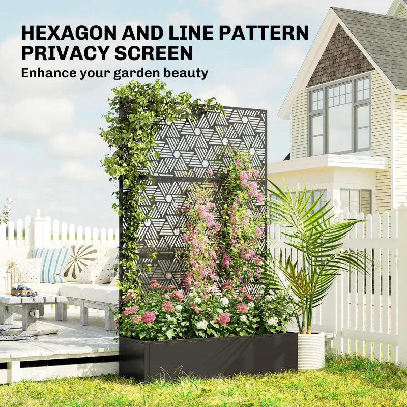 Metal Planter Box with Trellis, 70" Tall Raised Garden Bed with Privacy Screen, Hexagon and Line Cut-Out