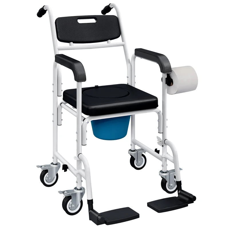 Rolling Shower Chair, Bedside Commode Chair with Wheels, Backrest, Arms, Flip Footrests for Seniors, Disabled, Black