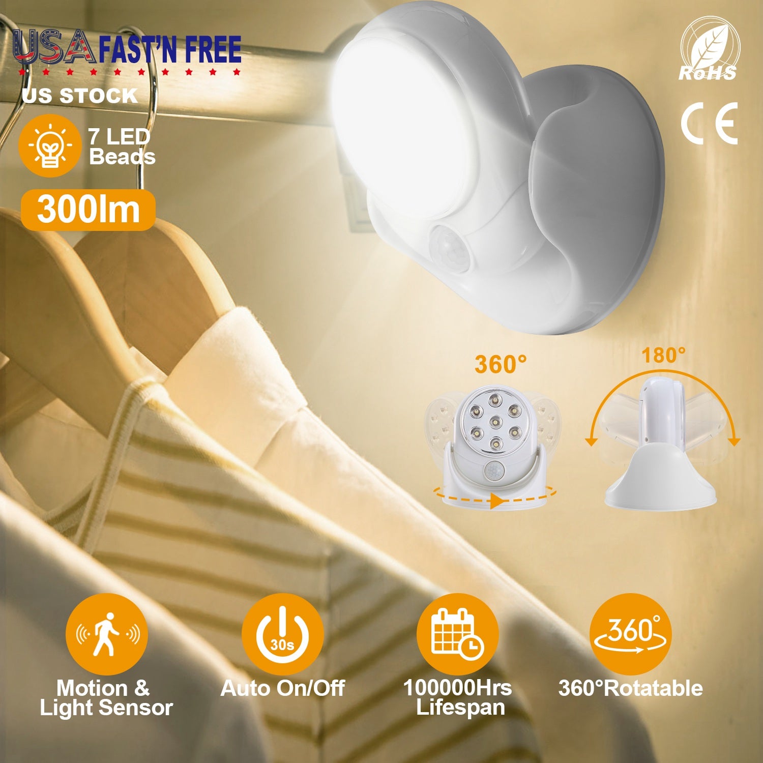 Wireless LED Spotlight 90 ° Motion Sensor Night Lamp 360°Rotate Cordless Stairs Lights Battery Operated w/23ft Sensing Range for Closet Bathroom