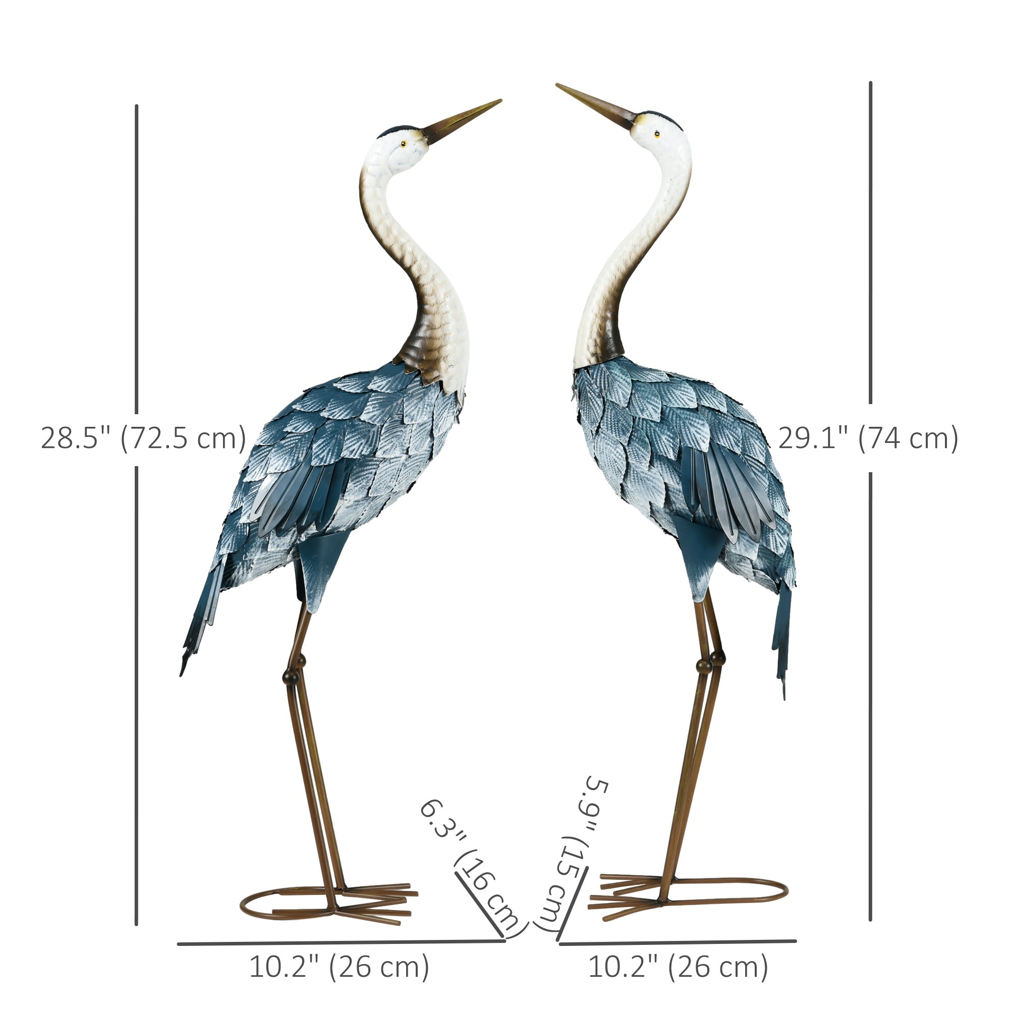 Outsunny Set of 2 Garden Sculptures Crane Statues Lawn Patio Backyard Ornaments, 28.5"-29.1", Blue
