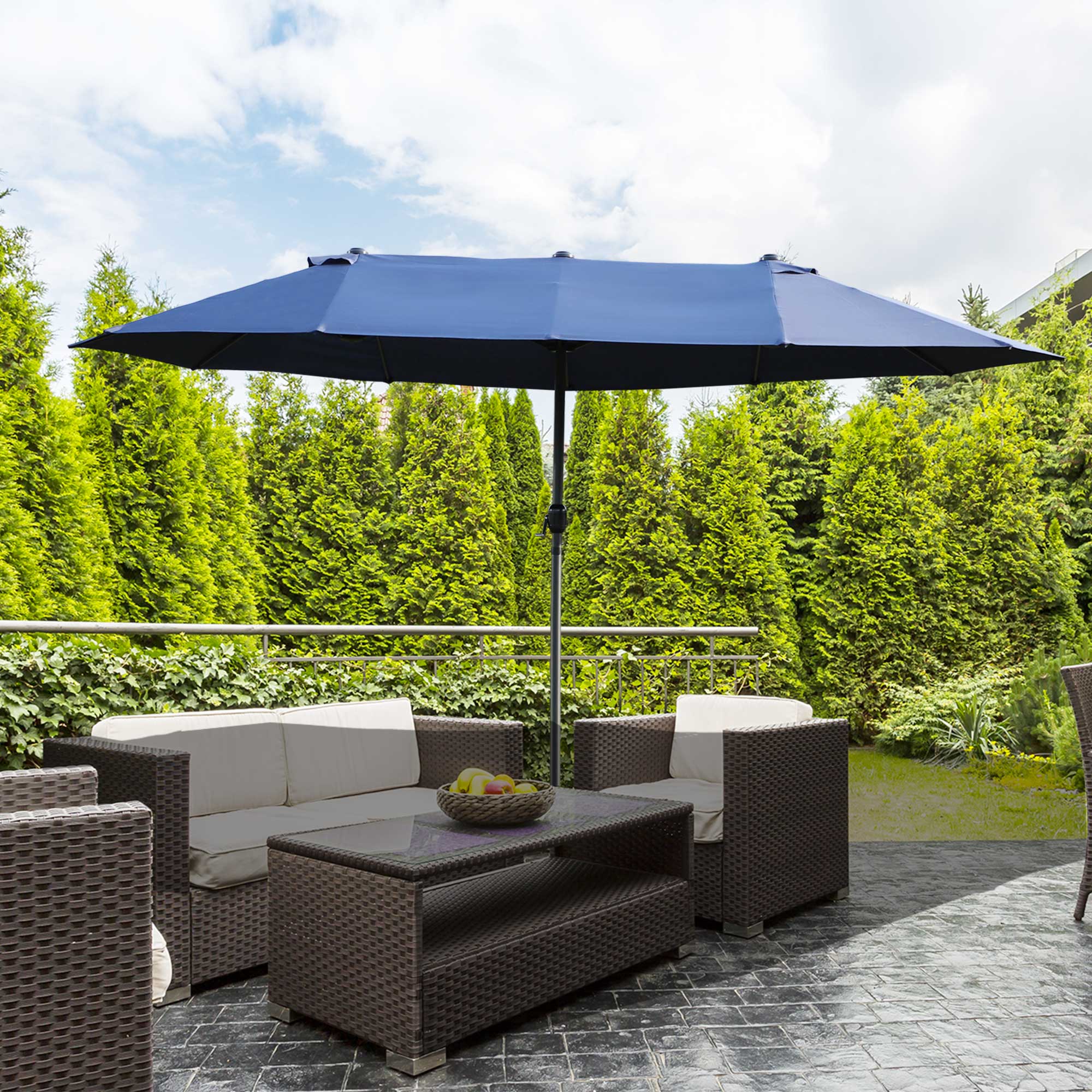 Outsunny Twin Canopy Patio Umbrella: 15ft Blue Outdoor Sunshade with Steel Table & Lift Crank