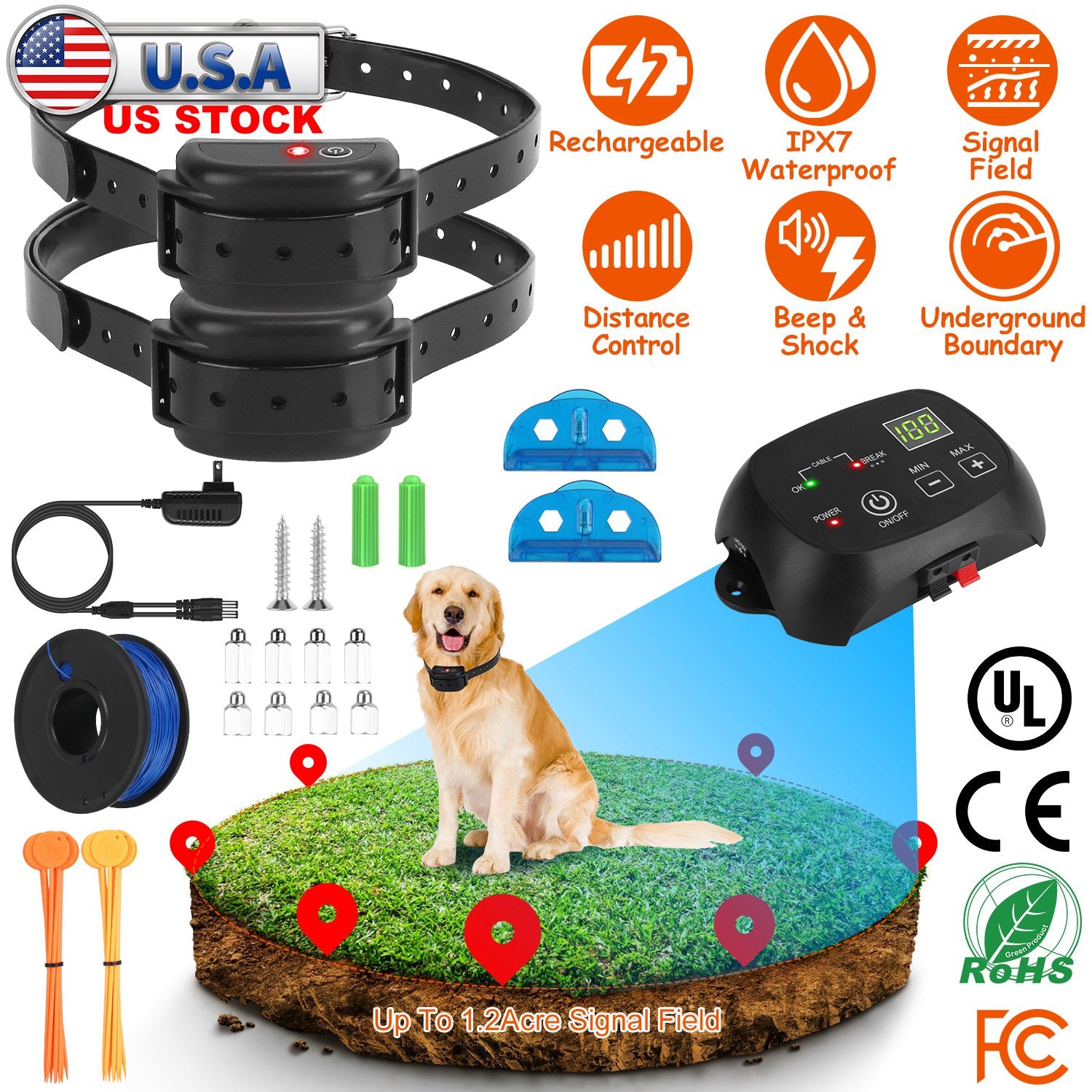 Dog Fence System Pet Containment System with 100 Adjustable Levels 2 Receivers IPX7 Waterproof Rechargeable Underground Fence for Small Medium Large D