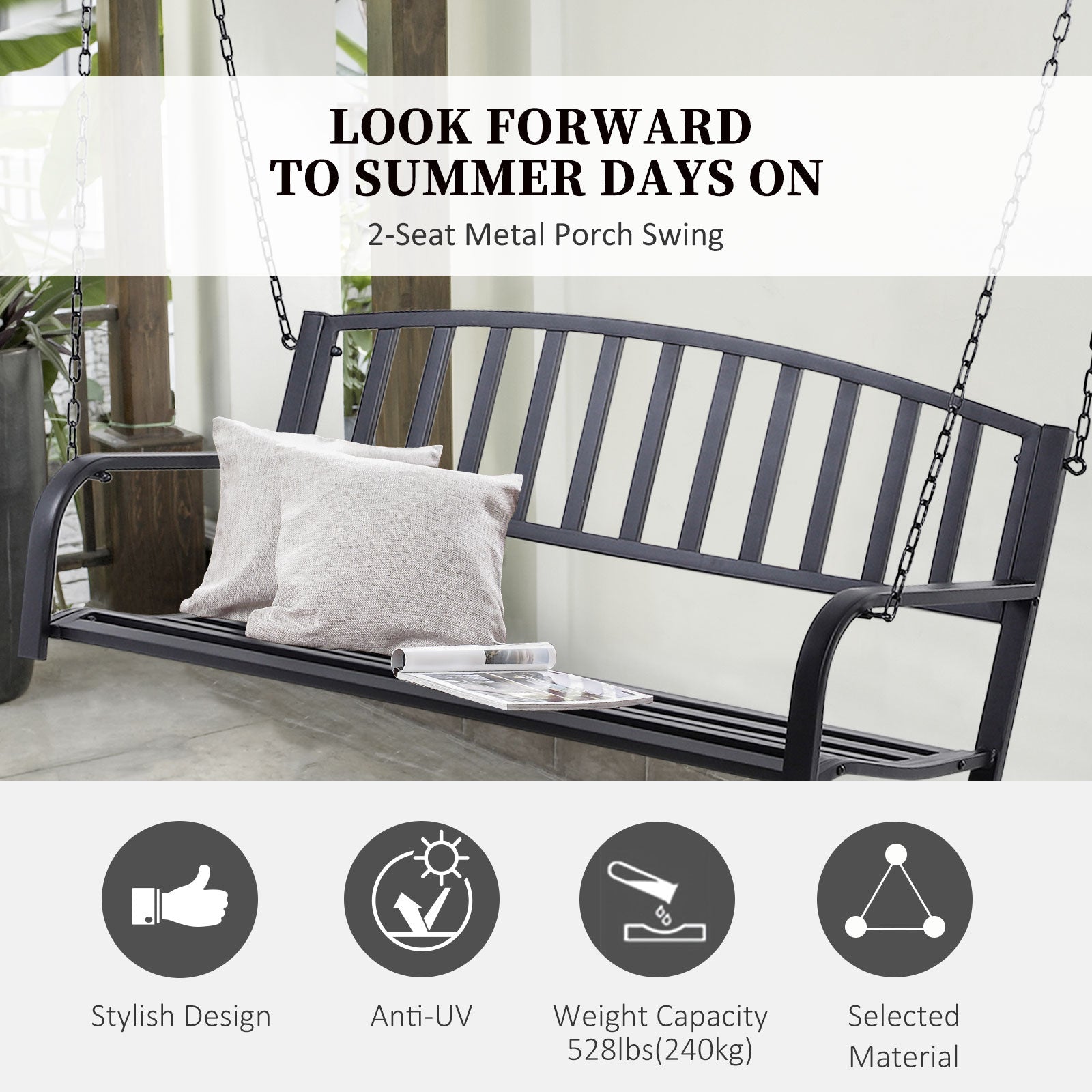 Outsunny 50" Porch Swing Bench Lounger: Outdoor Hanging Glider Chair Steel Frame Black