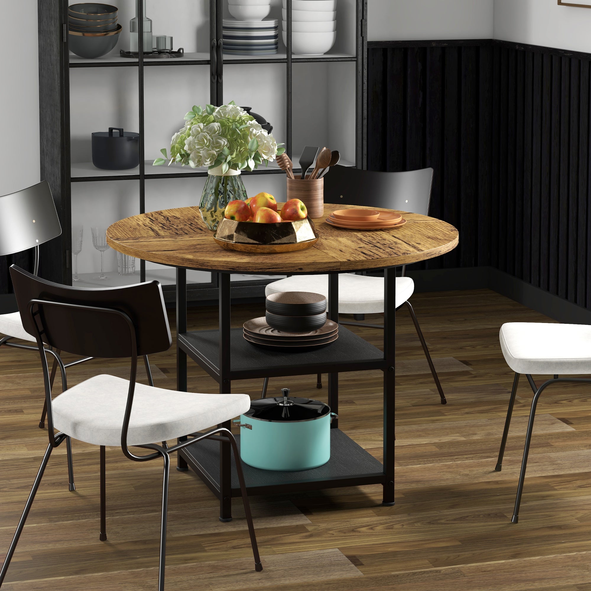 HOMCOM 39.4" Round Industrial Dining Table for 4-6 People with Storage Shelves Rustic Brown Kitchen Table