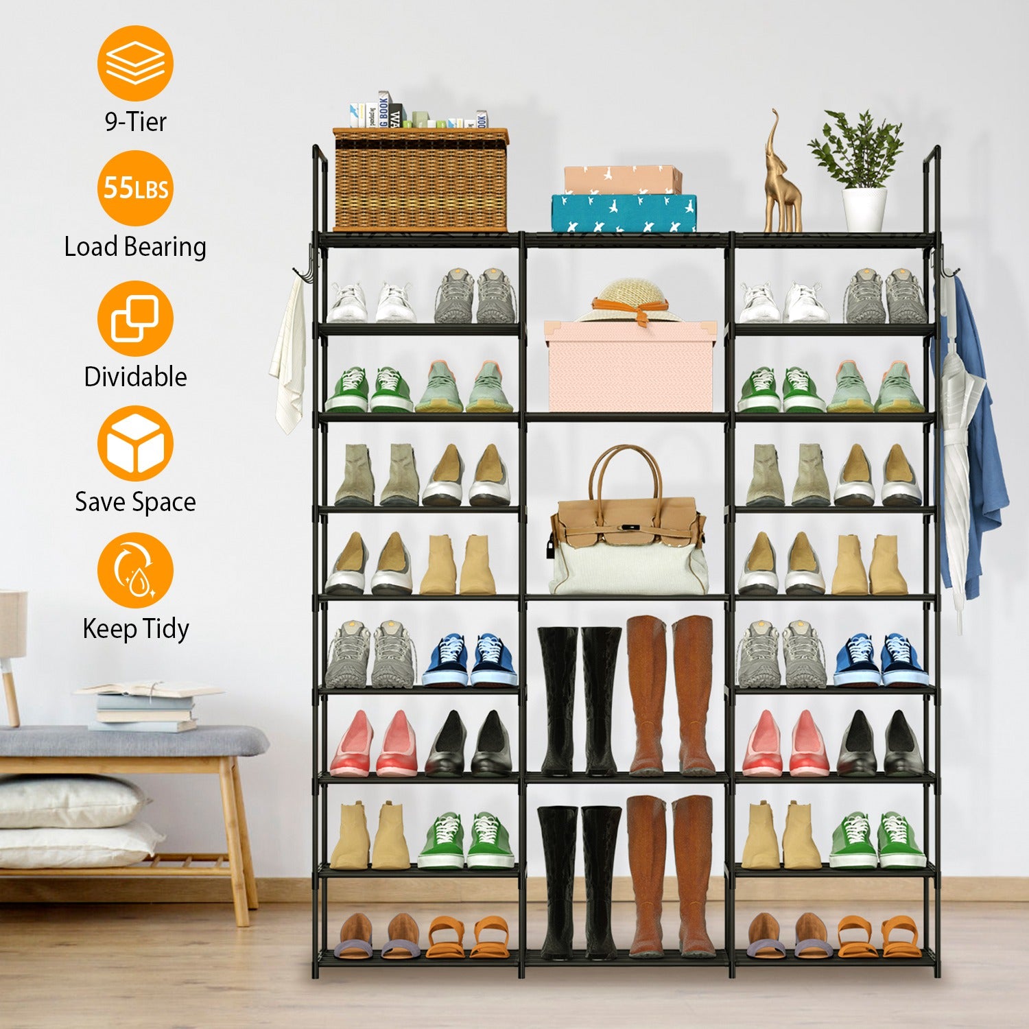 9 Tiers Shoe Rack Metal Shoe Storage Shelf Free Standing Large Shoe Stand 50-55 Pairs Shoe Tower Unit Tall Shoe Organizer with 2 Hooks for Entryway Cl