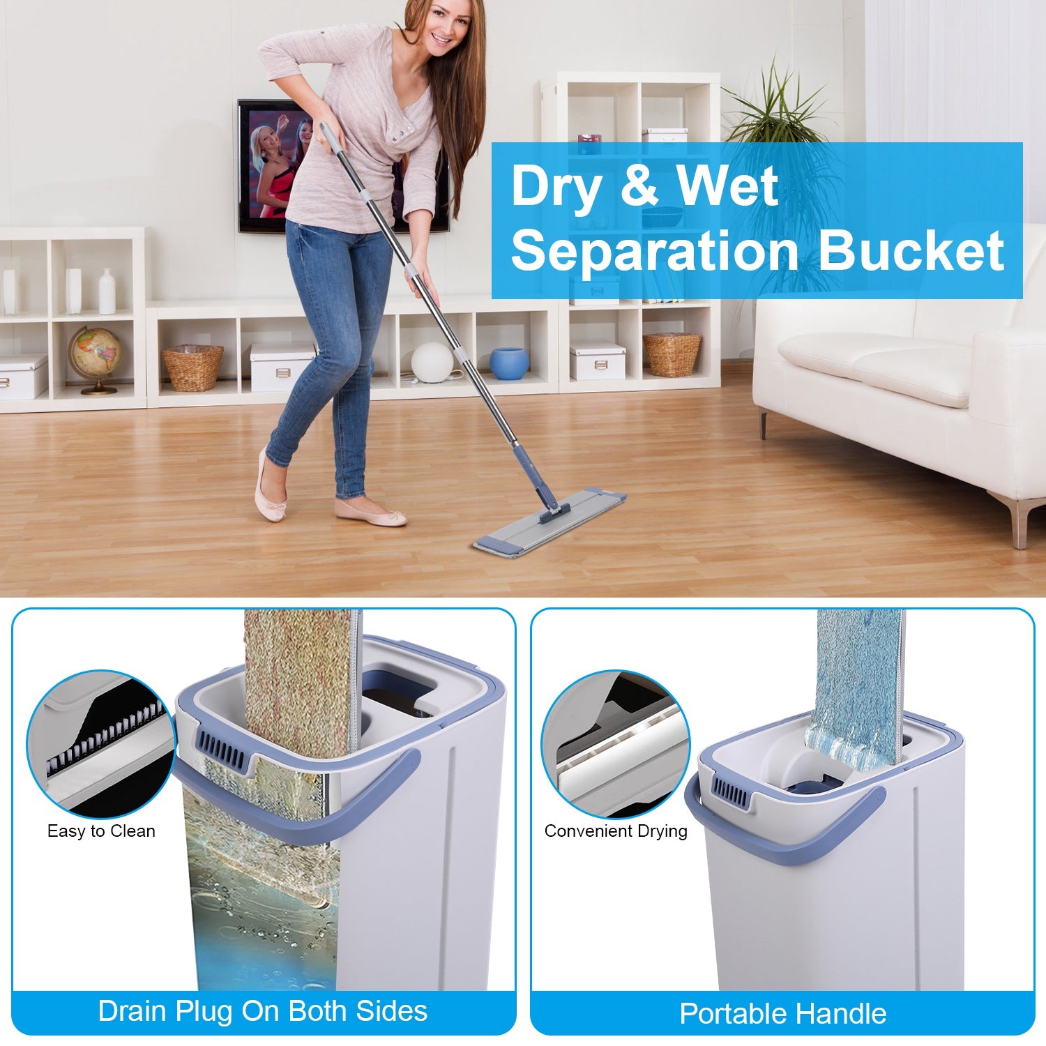 Mop Bucket with Wringer Set Flat Floor Mop Clean and Dry Separate Bucket 3 Replaceable Pads Hands Free Home Floor Cleaning Mop Reusable Washable Mop P