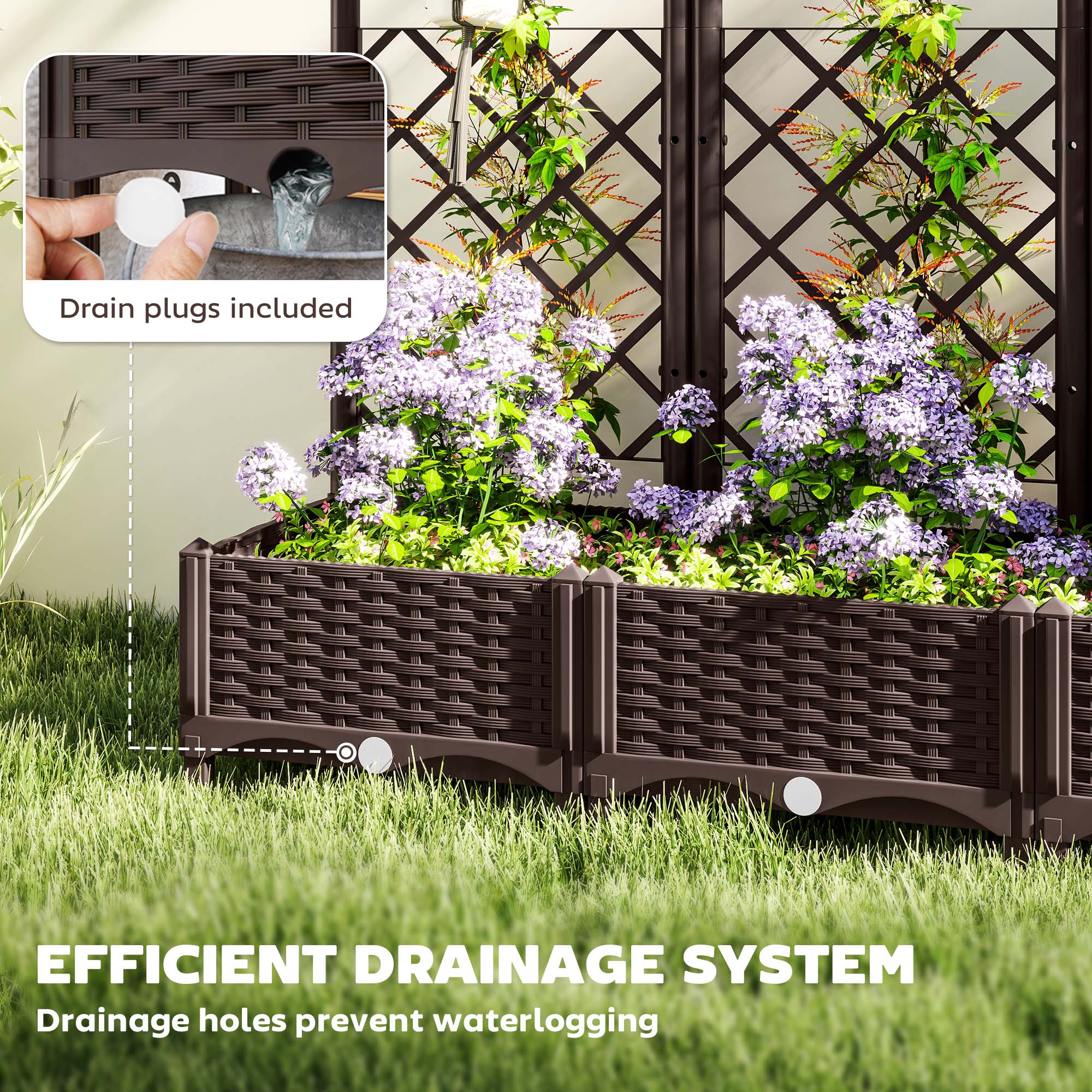 Outsunny Raised Garden Bed with Trellis, Plastic Raised Flower Bed with Drainage Holes and Drain Plugs, 47" x 16" x 48"