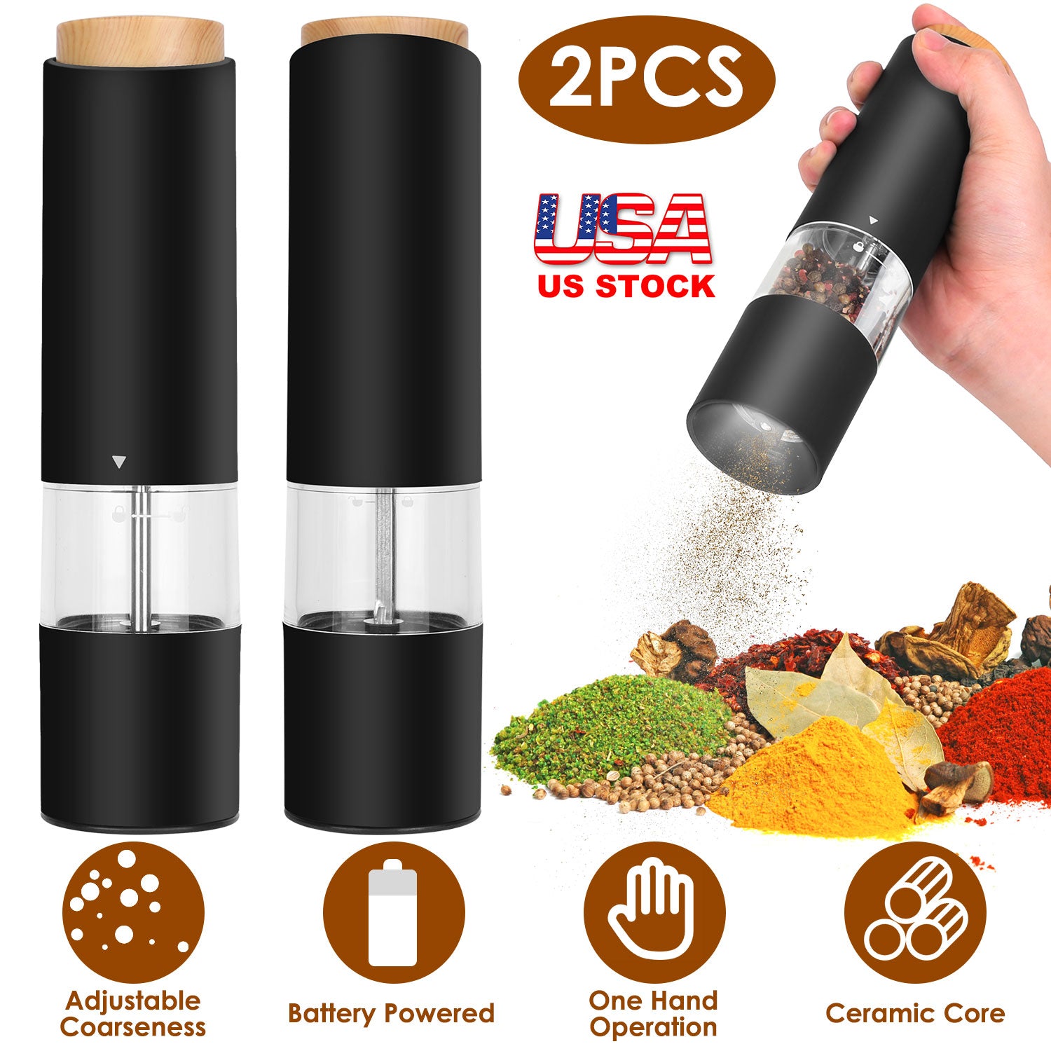 2Pcs Electric Salt and Pepper Grinder Battery Powered Salt Mill Sets With Adjustable Coarseness One Hand Easy Operation Visible Refilling Bottle