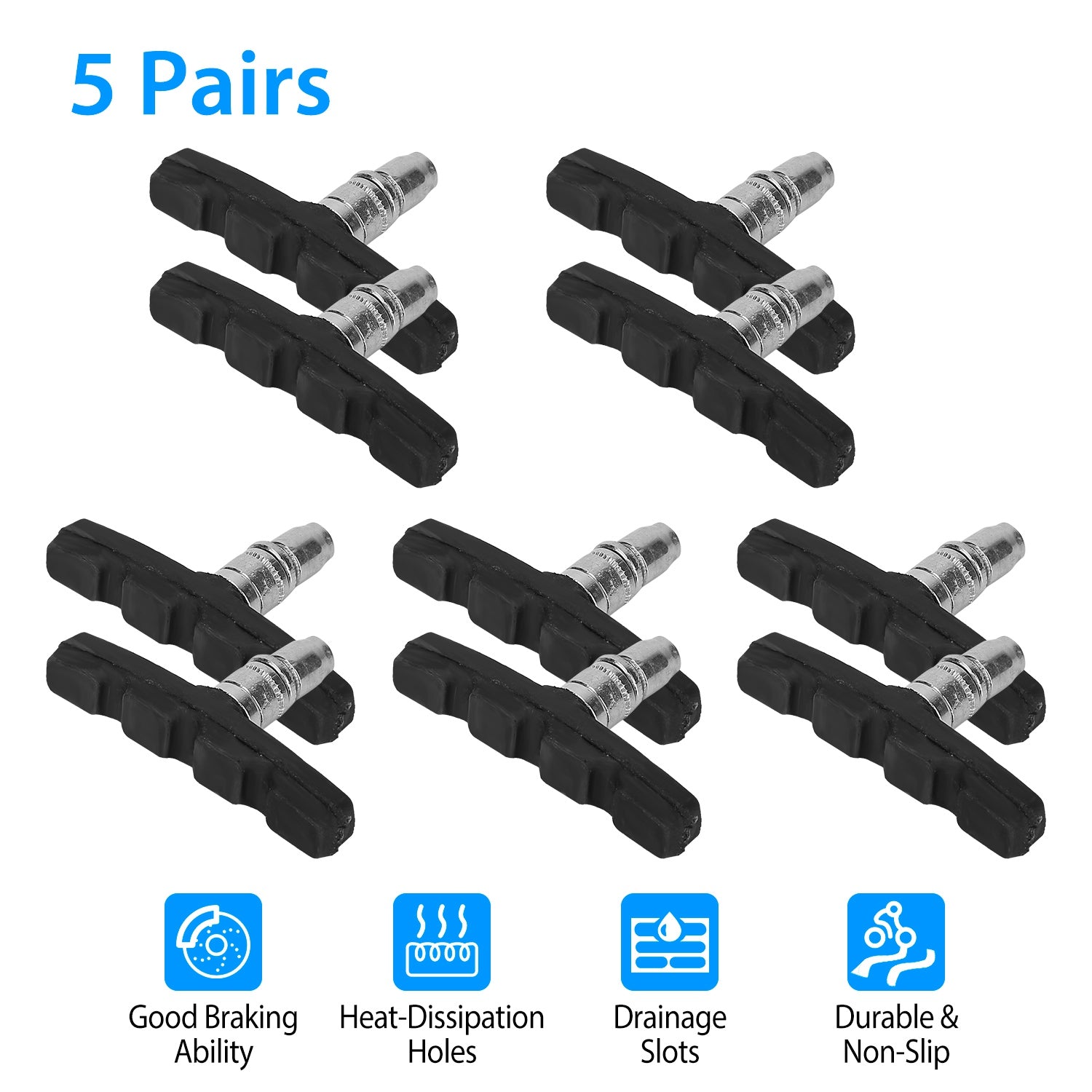 5 Pairs V Bike Brake Pads Road Mountain Bicycle V-Brake Blocks Set 70mm Non-Slip V Bicycle Stop Caliper W/ Hex Nuts and Spacers
