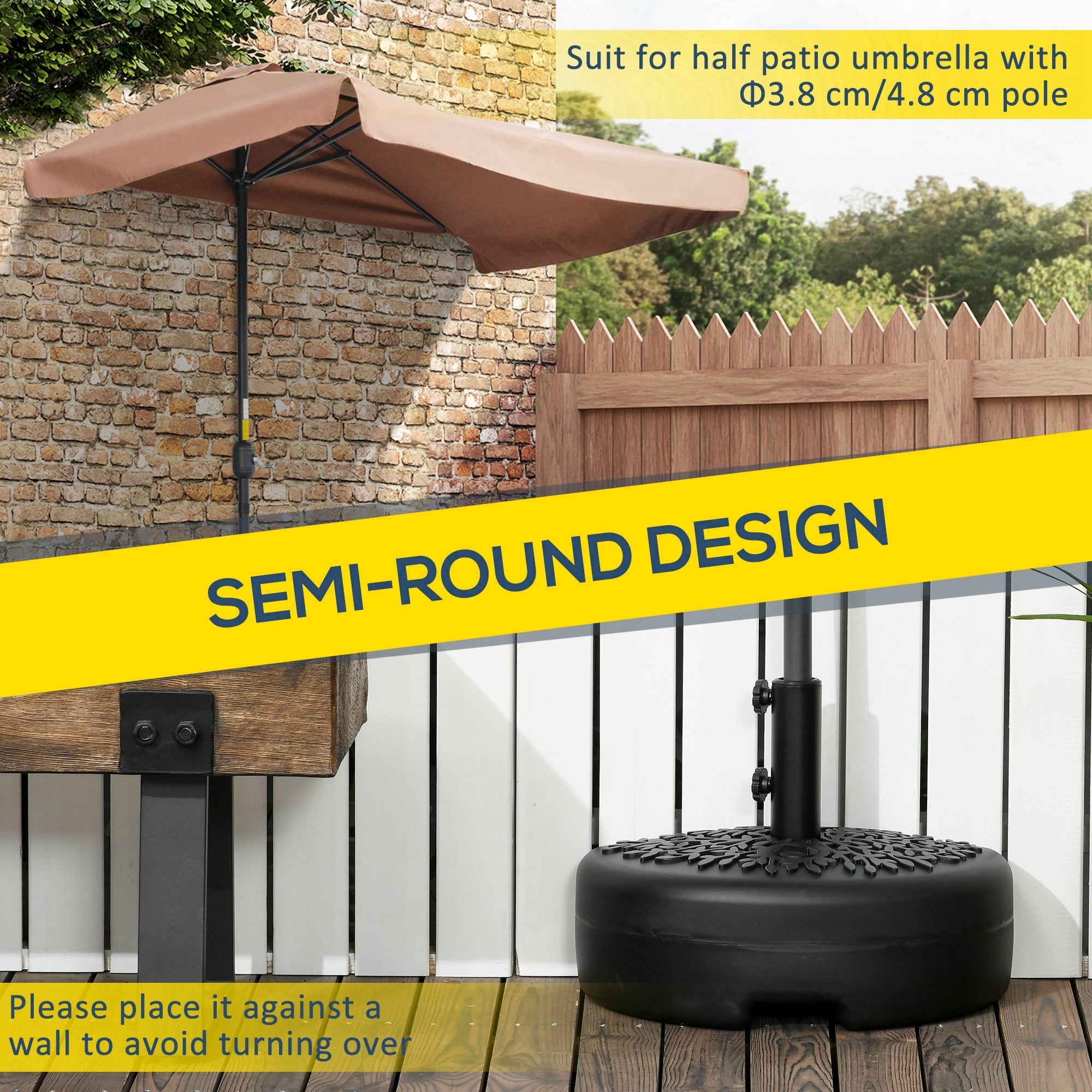 Outsunny Half Round Umbrella Base Stand: Sand/Water Fillable 40lb Capacity Outdoor Stability Black