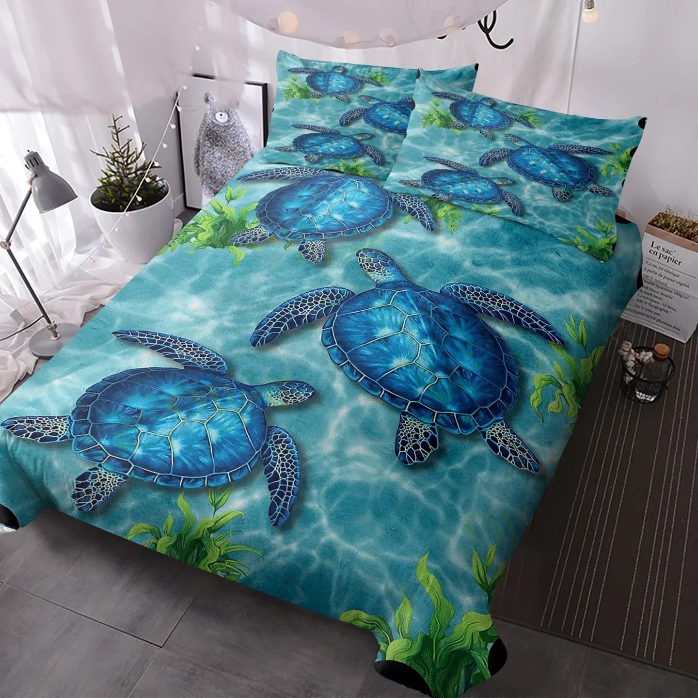 Sea Turtle Pattern Duvet Cover Set 3 Pieces King Size Soft Bedding Set With 2 Pilowcases With Zipper Closure For Home Bedroom For All Seasons