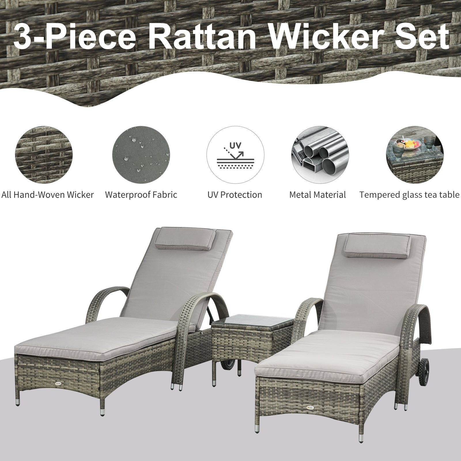 Outsunny Wicker Relaxation: Padded PE Rattan Chaise Lounge Set, 5-Level Reclining with Headrest, Grey Comfort