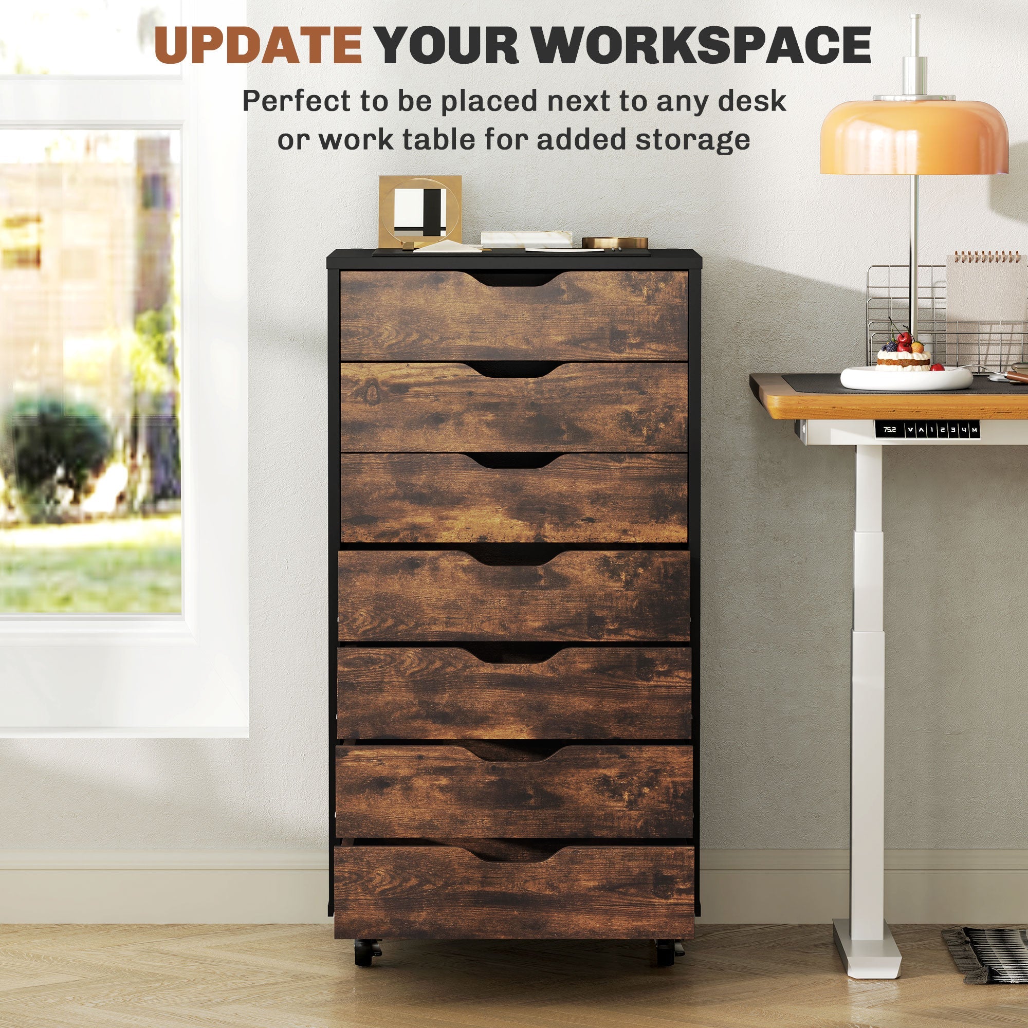Vinsetto 7-drawer Vertical File Cabinet for Home Office, Storage Cabinet with Wheels, 18.7"x15.6"x35.4", Rustic Brown