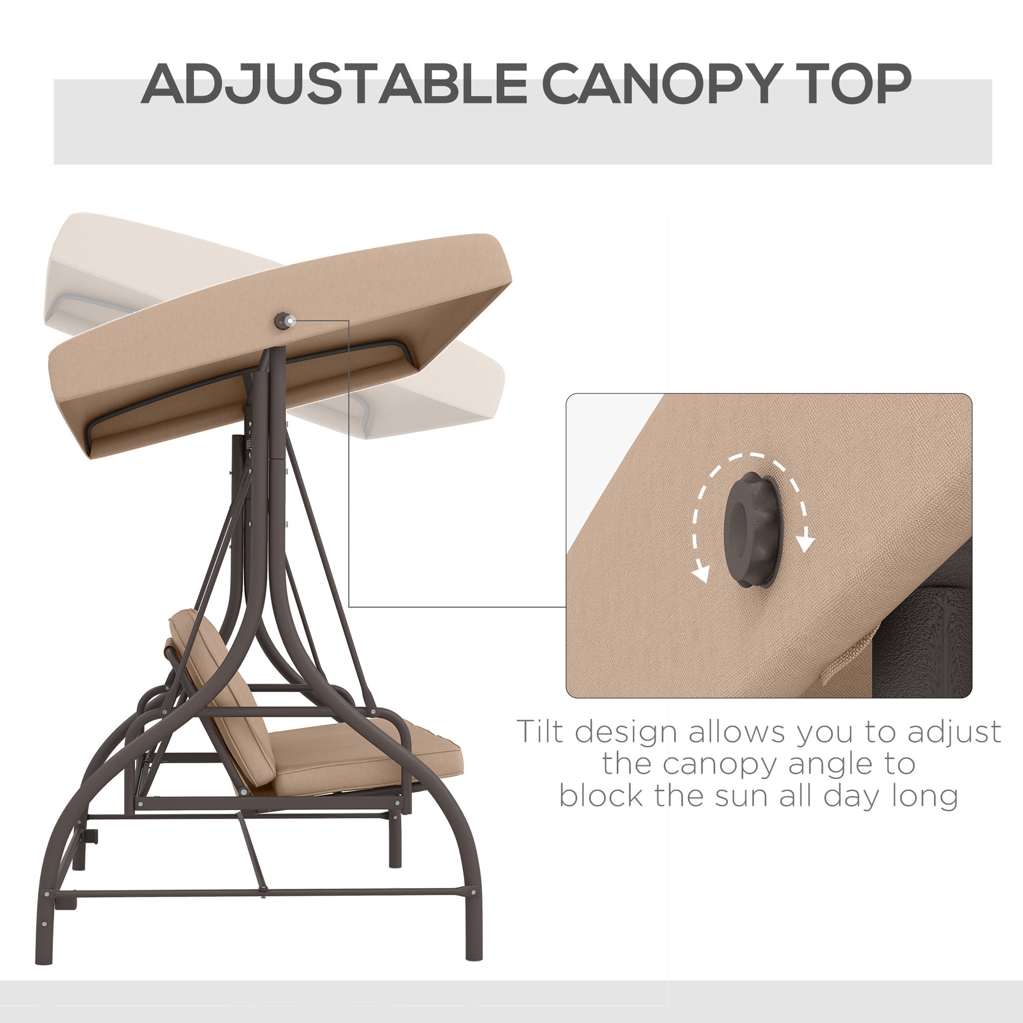 Outsunny Convertible Patio Swing Bed with Canopy and Cushions, 3 Seater Porch Swing for Outdoor, Backyard, Garden, Khaki