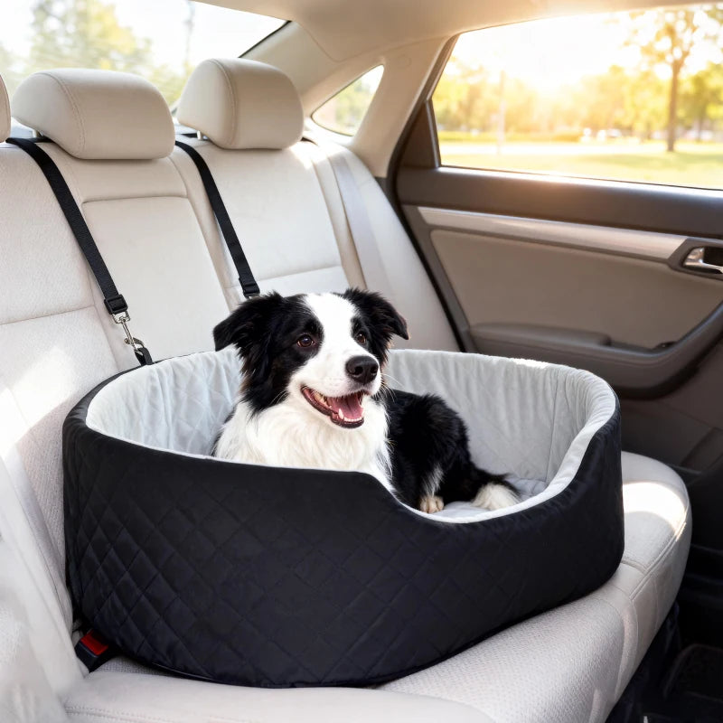 Dog Car Seat for Small Medium Pets, Detachable Washable Pet Bed with Cushion and Safety Belt for Dog Under 33lbs, Black
