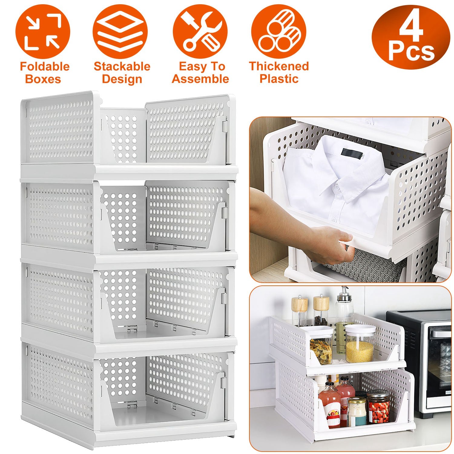 4 Packs Plastic Storage Box Closet Organizer Foldable Storage Bin Stackable Drawer with Slide Rail Push-Pull Storage Basket for Living Room Bedroom Wa