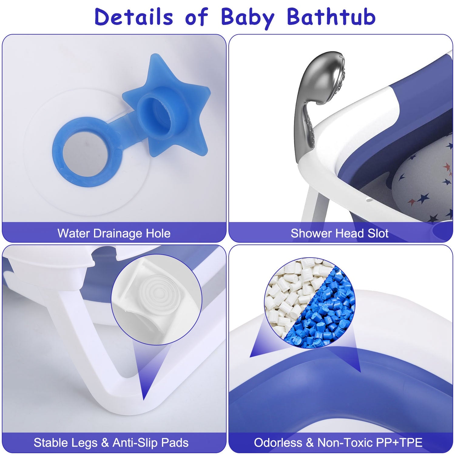Baby Bath Tub with Thermometer Collapsible Travel-Friendly 0-24Months Baby Bathtub with Drain Hole For Newborn Infant Toddler Odorless Non-Toxic Folda