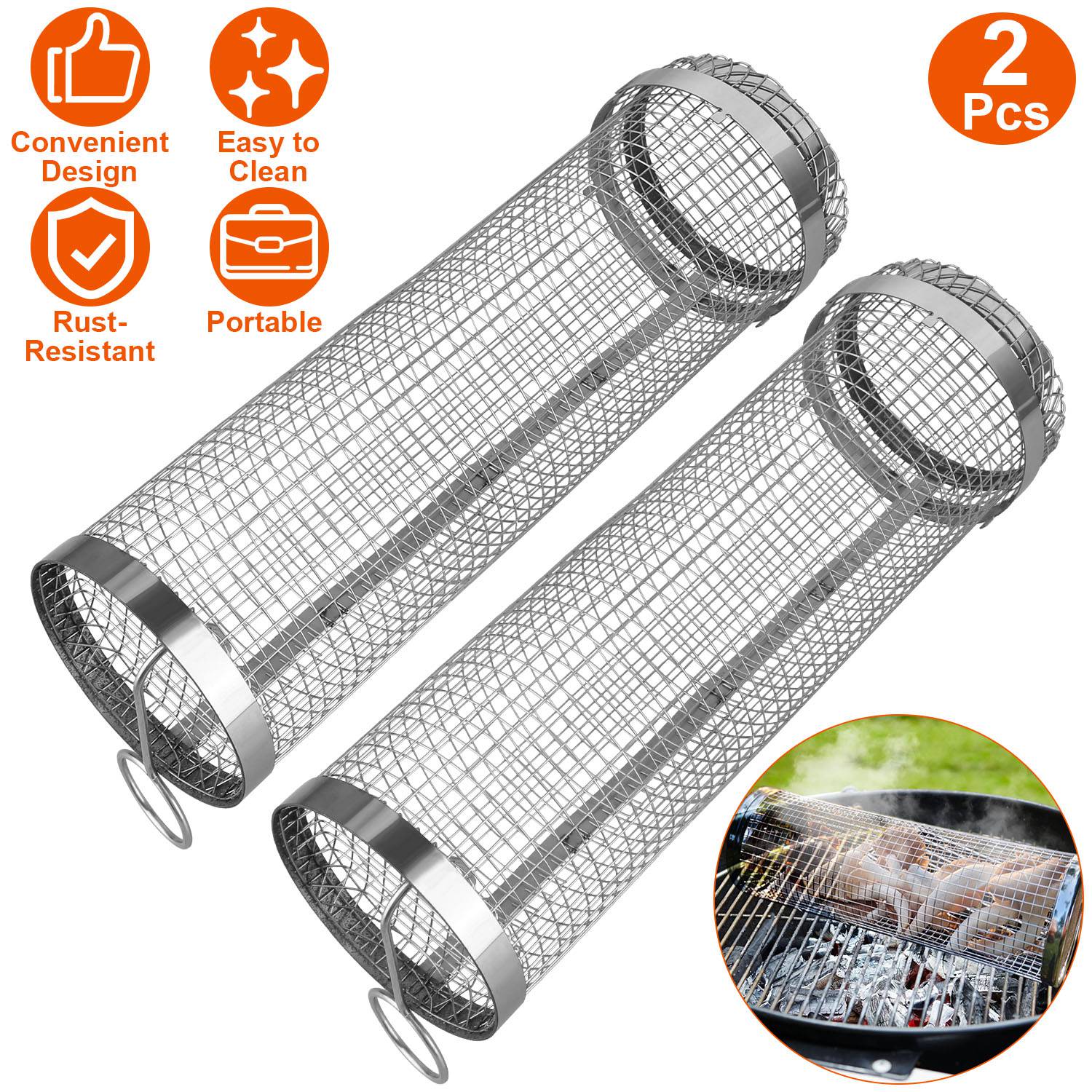 2Pcs 3.42x11.61Inch Portable BBQ Rolling Basket Round Stainless Steel Grill Mesh Barbecue Net Tube with Removable Cover Outdoor Camping