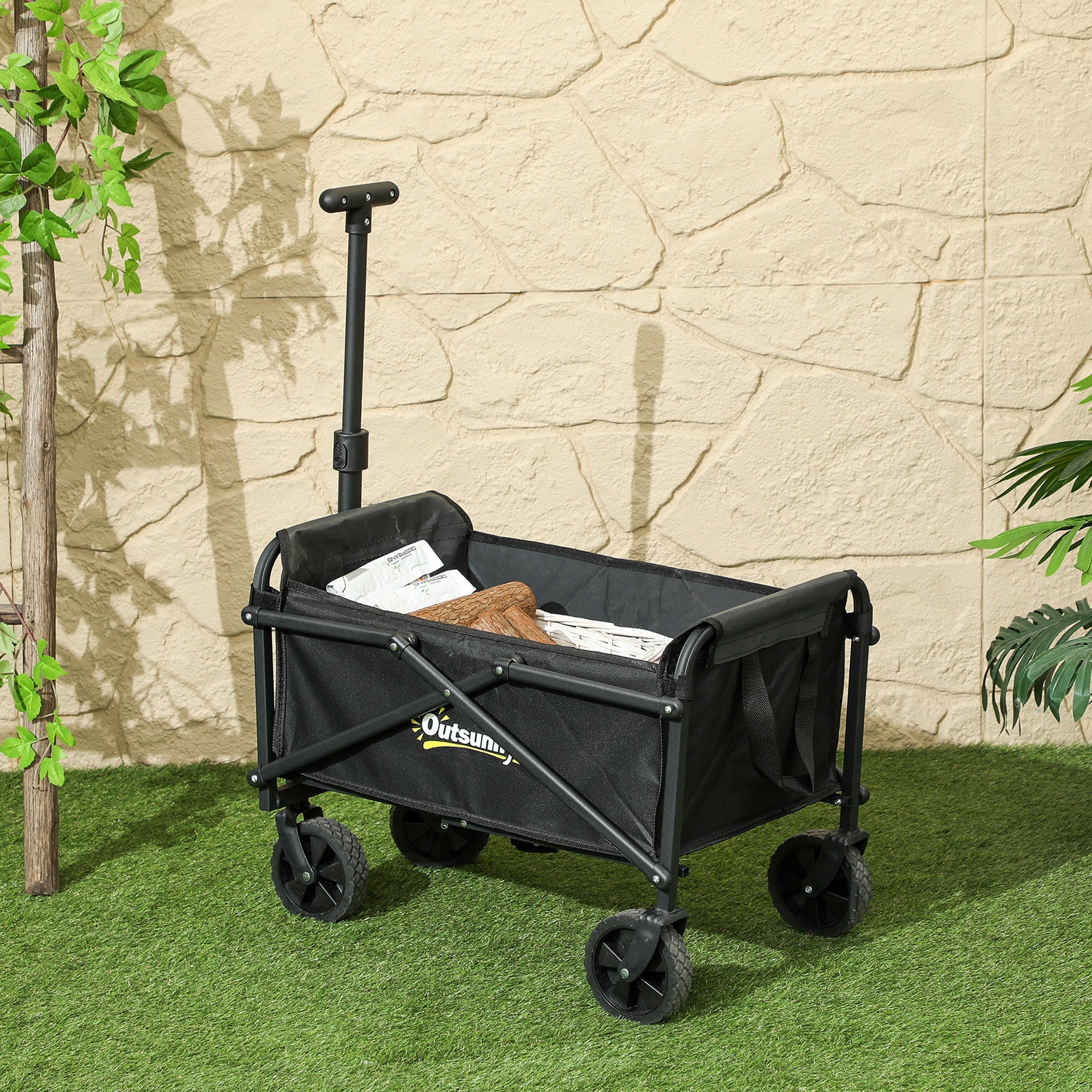 Outsunny Small Collapsible Folding Garden Cart, Heavy Duty Lawn Wagon with Universal Wheels and Adjustable Handle, Black