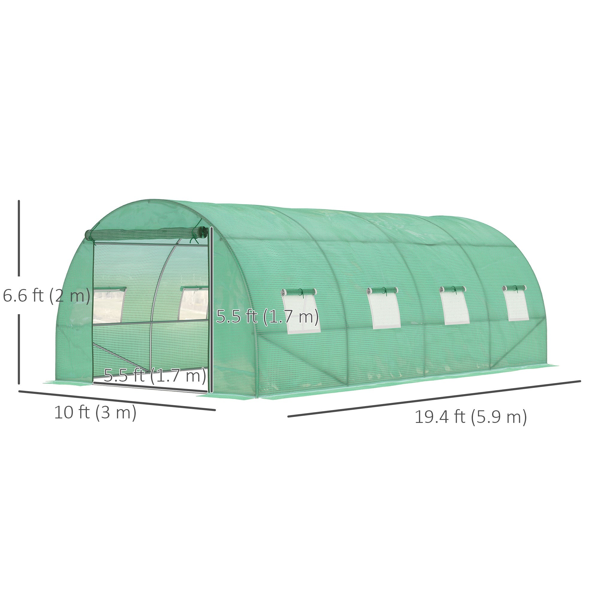 Outsunny Walk-in Tunnel Greenhouse, 19 x 10 x 6.6 ft Hoop House with Zipped Roll-Up Door and 8 Mesh Windows, Outdoor Greenhouse with Galvanised Steel Frame, Green