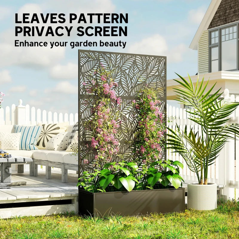 Metal Planter Box with Trellis, 70" Raised Garden Bed with Trellis Privacy Screen for Climbing Plants, Leaves Cut-Out
