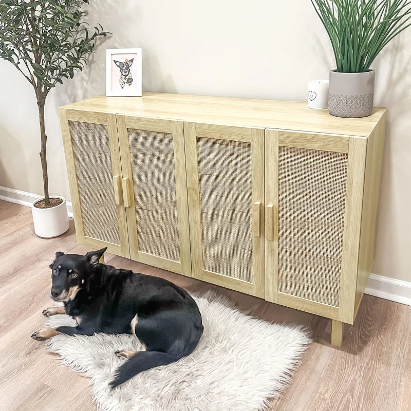 Boho Sideboard Buffet Cabinet, Storage Cabinet with 4 Rattan Doors and Adjustable Shelves, Natural